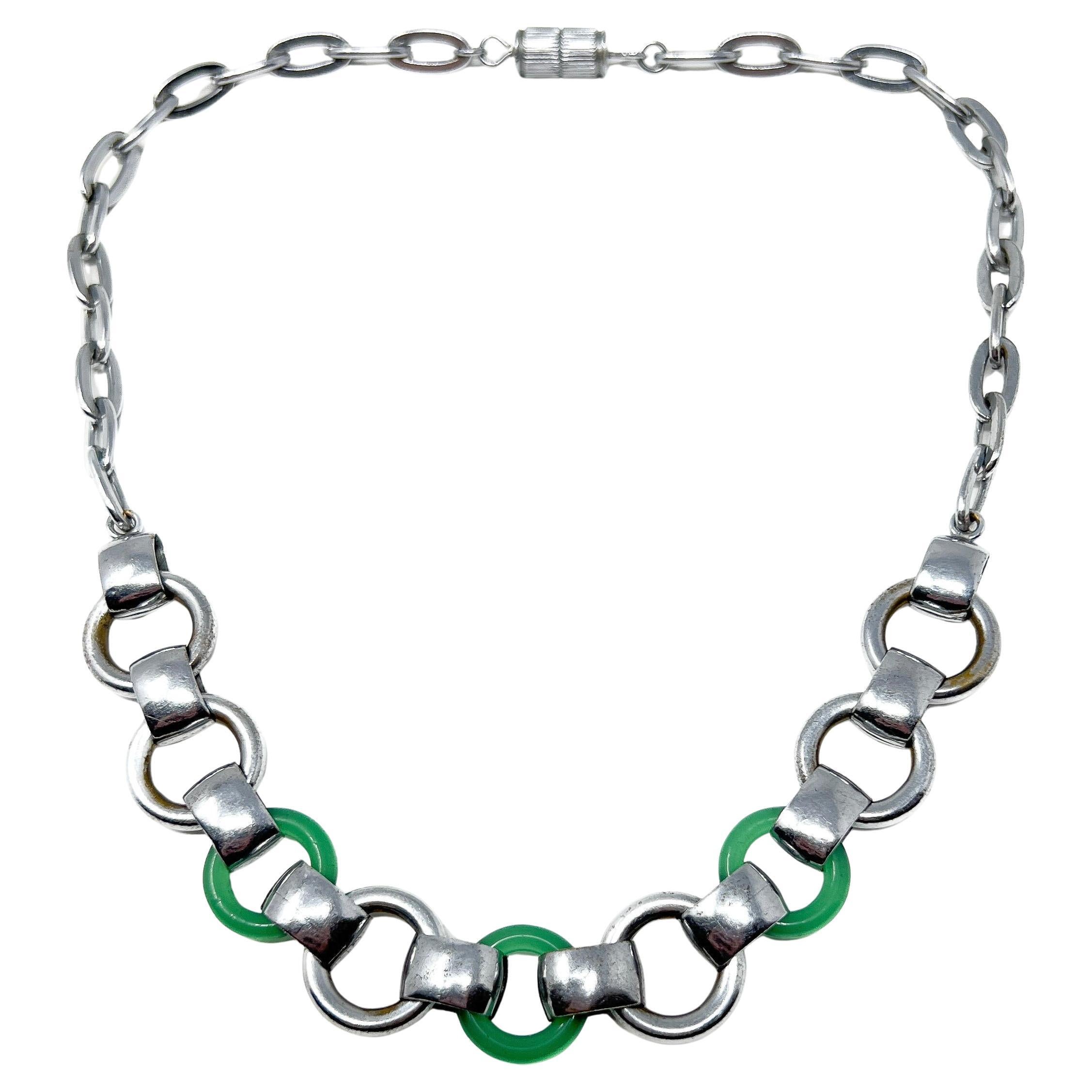 1930s Machine Age Chrome Plate and Green Glass Vintage Chain Necklace For Sale