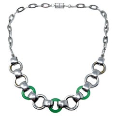 1930s Machine Age Chrome Plate and Green Glass Vintage Chain Necklace