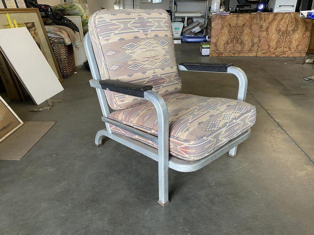 Machine Age Streamline aluminum club chair with padded seats and original resin armrests.
1930, United States
Custom cushions using C.O.M. (Customers Own Material) are included in the price. Simply supply the fabric and we have the cushions made