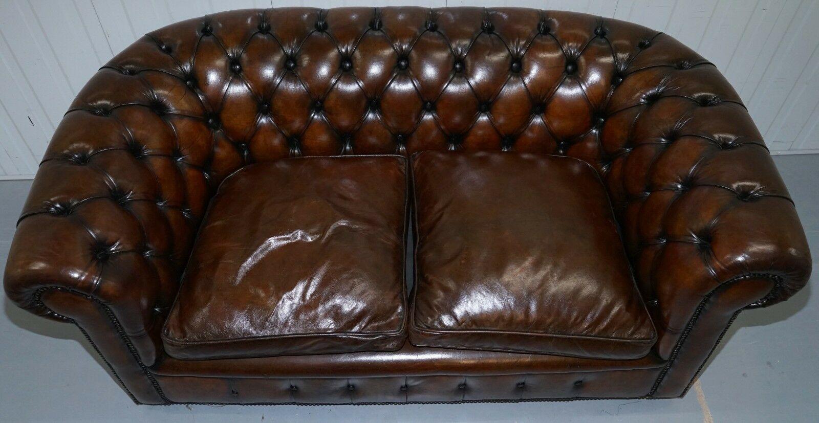 1930s Made in England Hand Dyed Restored Cigar Brown 2-Seat Chesterfield Club 4
