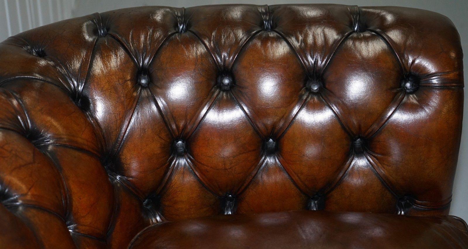 1930s Made in England Hand Dyed Restored Cigar Brown 2-Seat Chesterfield Club 3