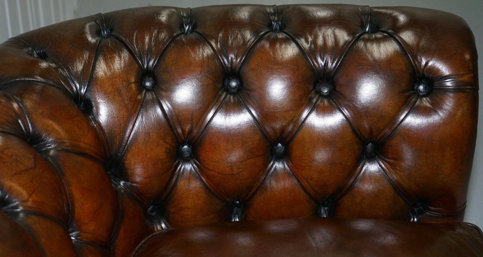 1930s Made in England Hand Dyed Restored Cigar Brown 2-Seat Chesterfield Club 6