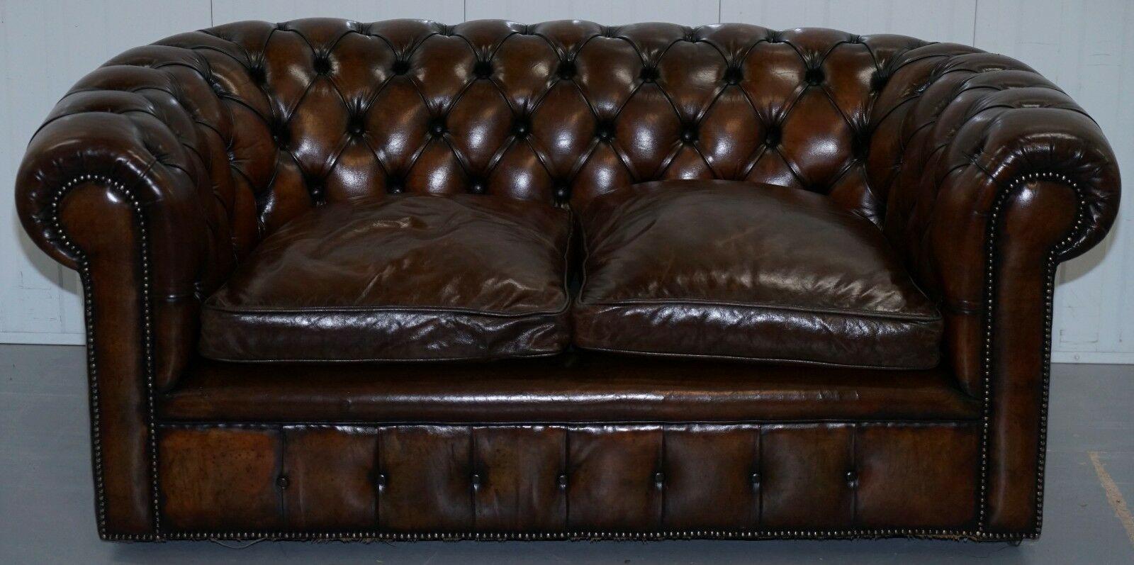 English 1930s Made in England Hand Dyed Restored Cigar Brown 2-Seat Chesterfield Club