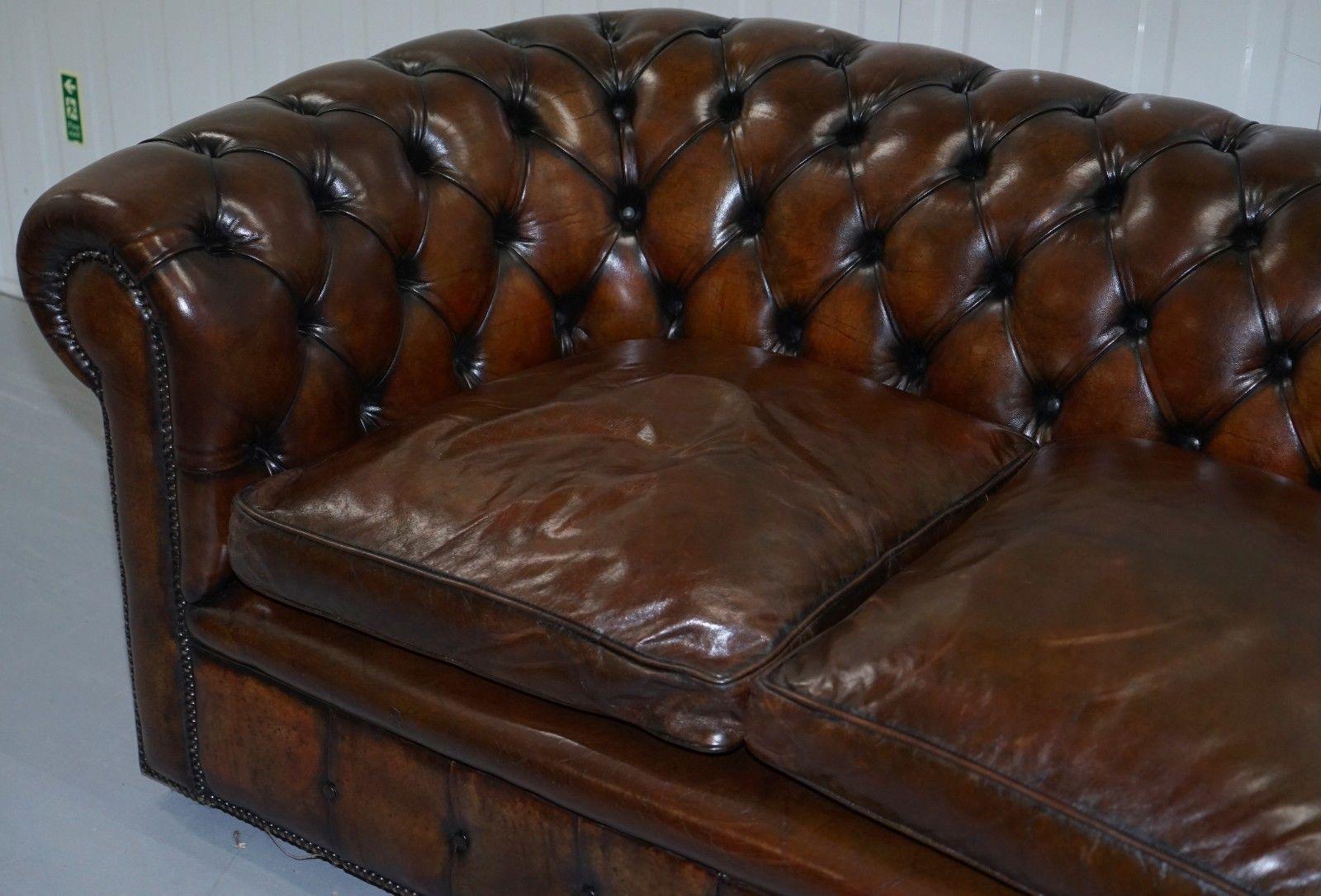 English 1930s Made in England Hand Dyed Restored Cigar Brown 2-Seat Chesterfield Club