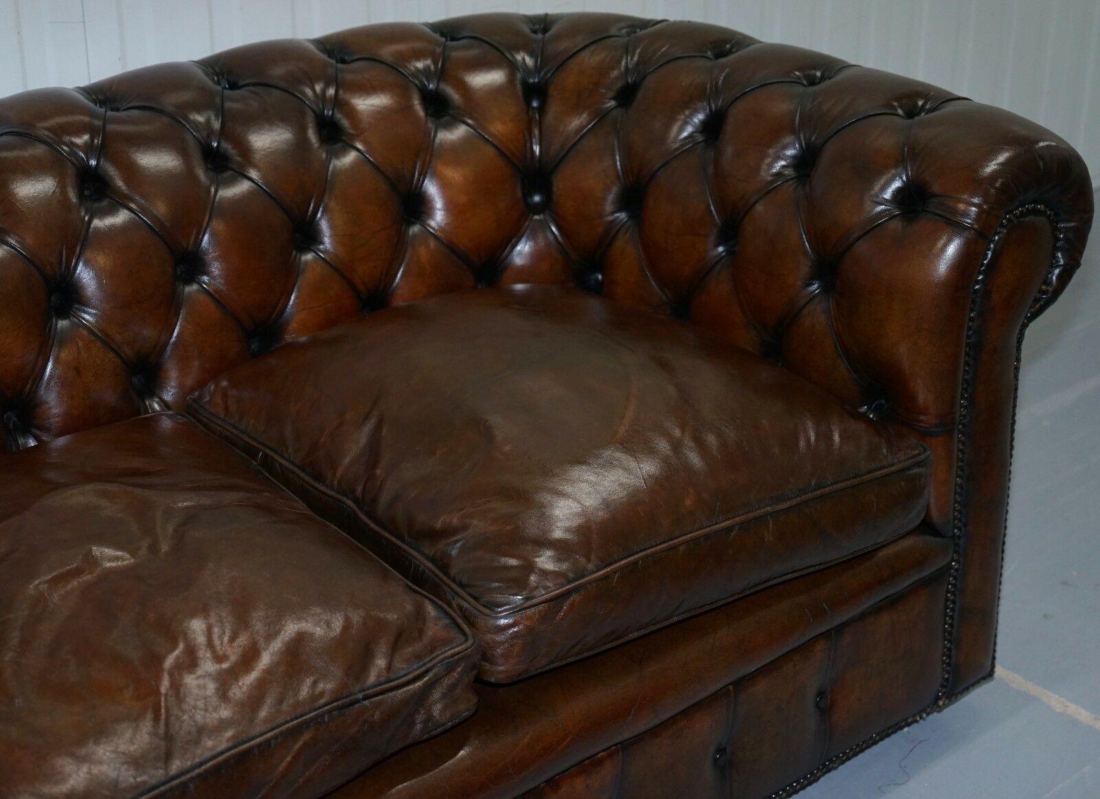 Hand-Crafted 1930s Made in England Hand Dyed Restored Cigar Brown 2-Seat Chesterfield Club