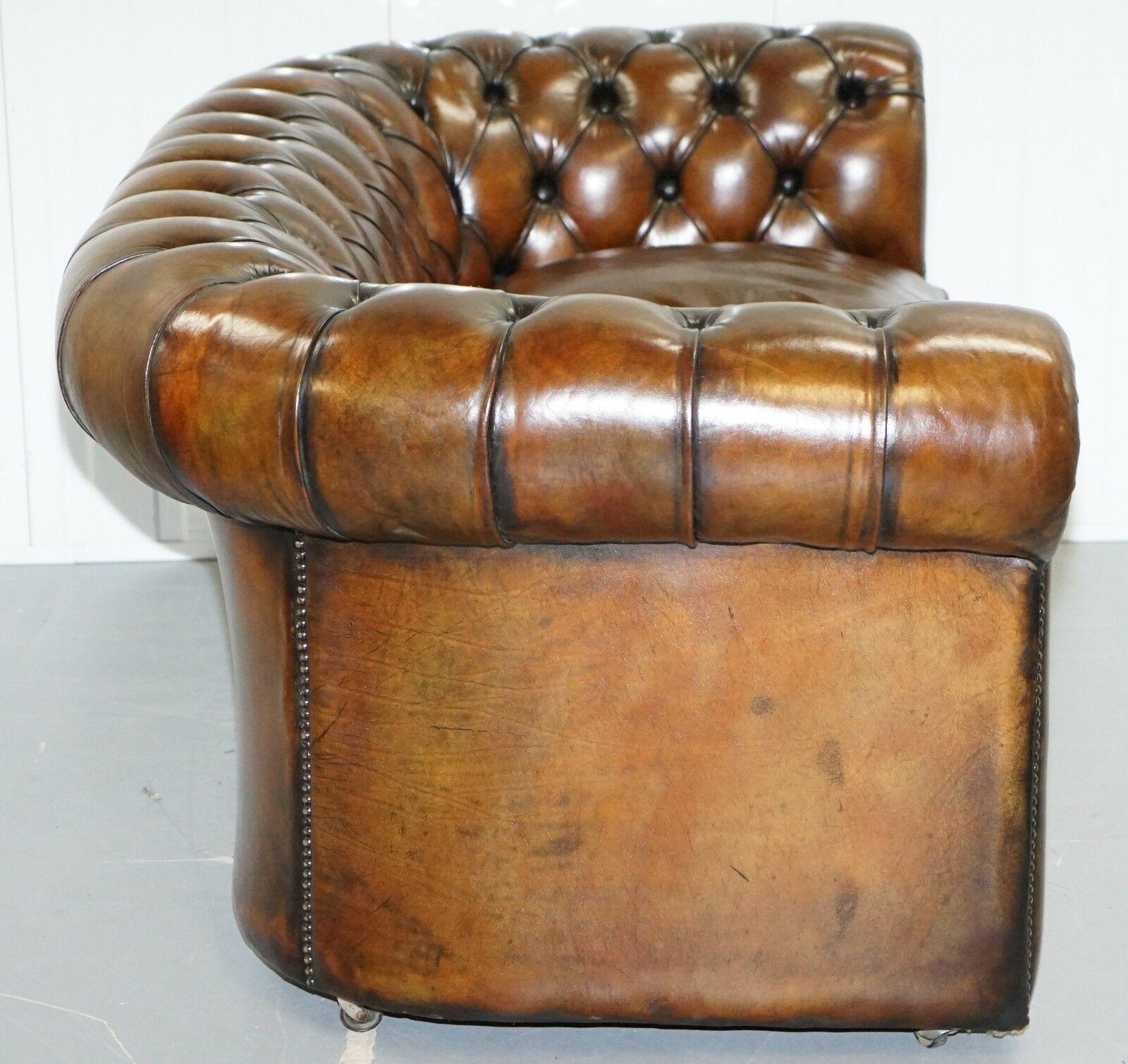 1930s Made in England Hand Dyed Restored Cigar Brown 2-Seat Chesterfield Club 1