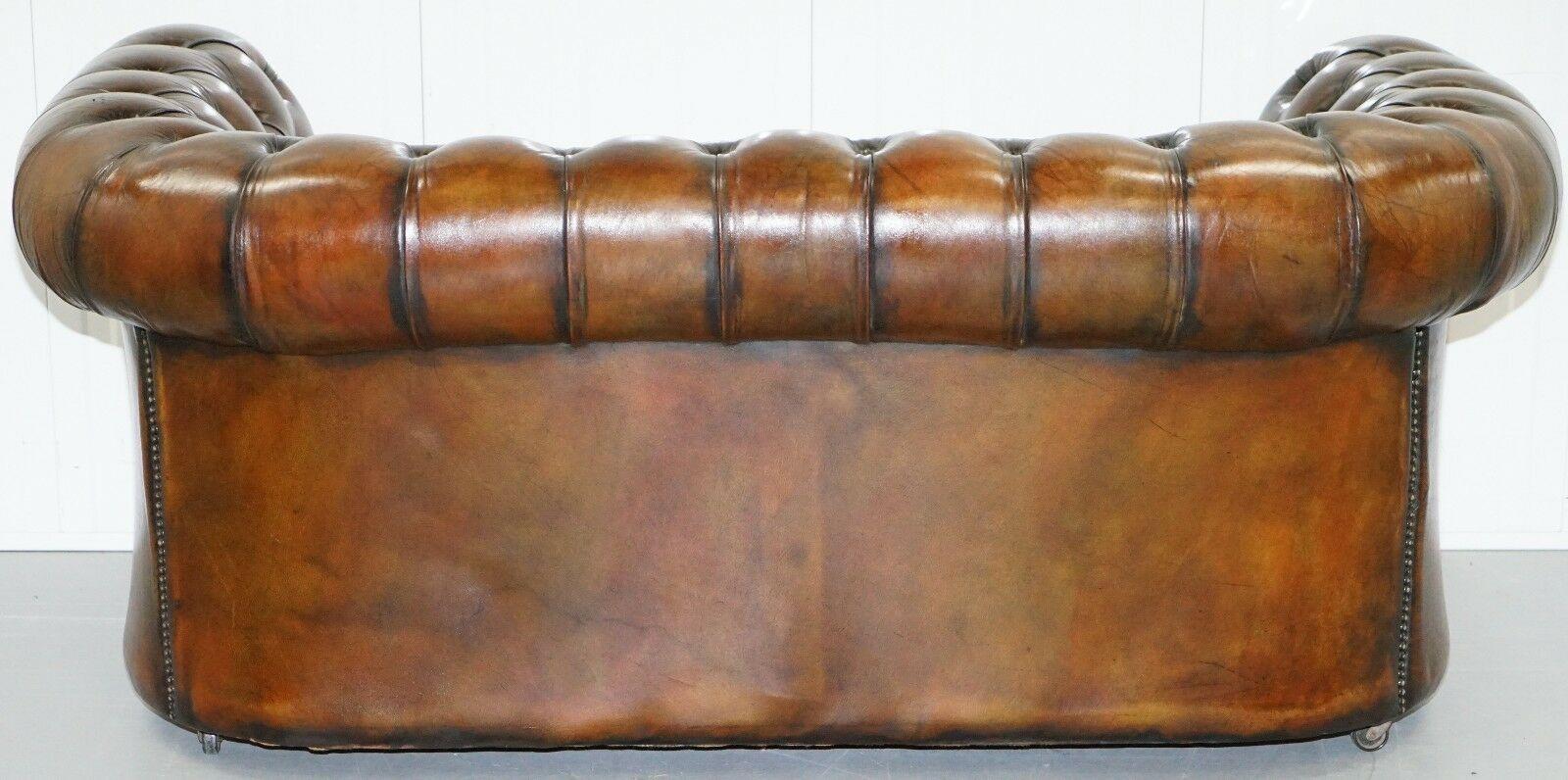 1930s Made in England Hand Dyed Restored Cigar Brown 2-Seat Chesterfield Club 1