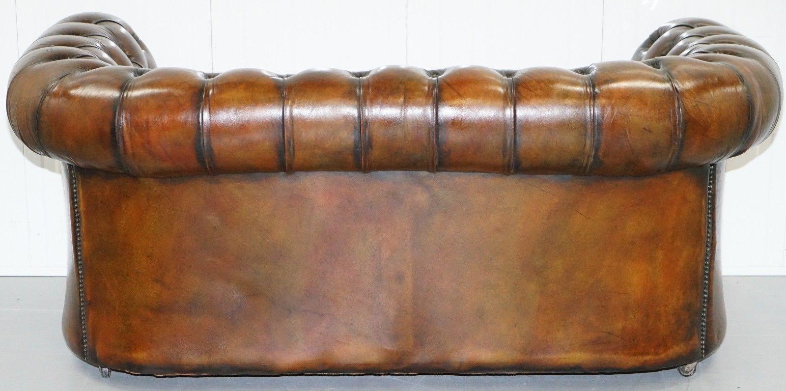 1930s Made in England Hand Dyed Restored Cigar Brown 2-Seat Chesterfield Club 1