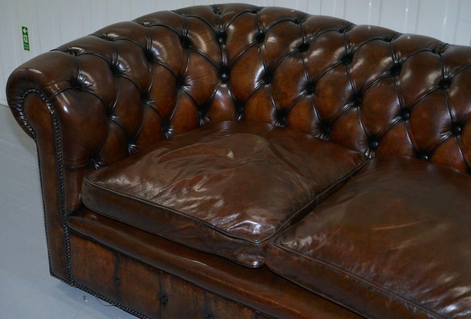 1930s Made in England Hand Dyed Restored Cigar Brown 2-Seat Chesterfield Club 3