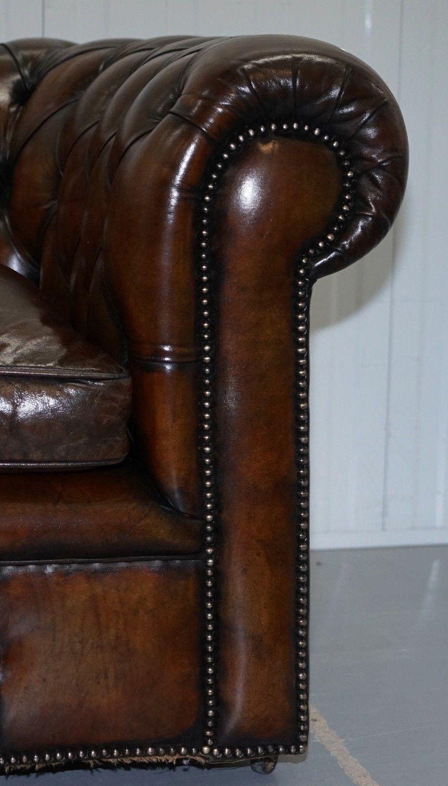 1930s Made in England Hand Dyed Restored Cigar Brown 2-Seat Chesterfield Club 2