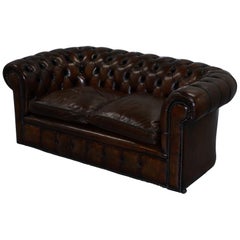 1930s Made in England Hand Dyed Restored Cigar Brown 2-Seat Chesterfield Club
