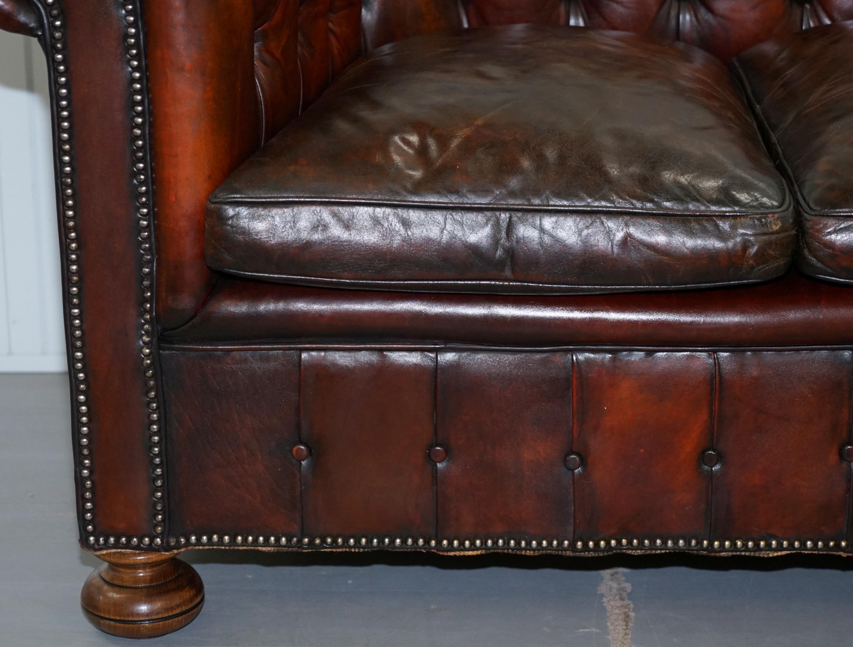 1930s Made in England Hand Dyed Restored Cigar Brown 3-Seat Chesterfield Club 8