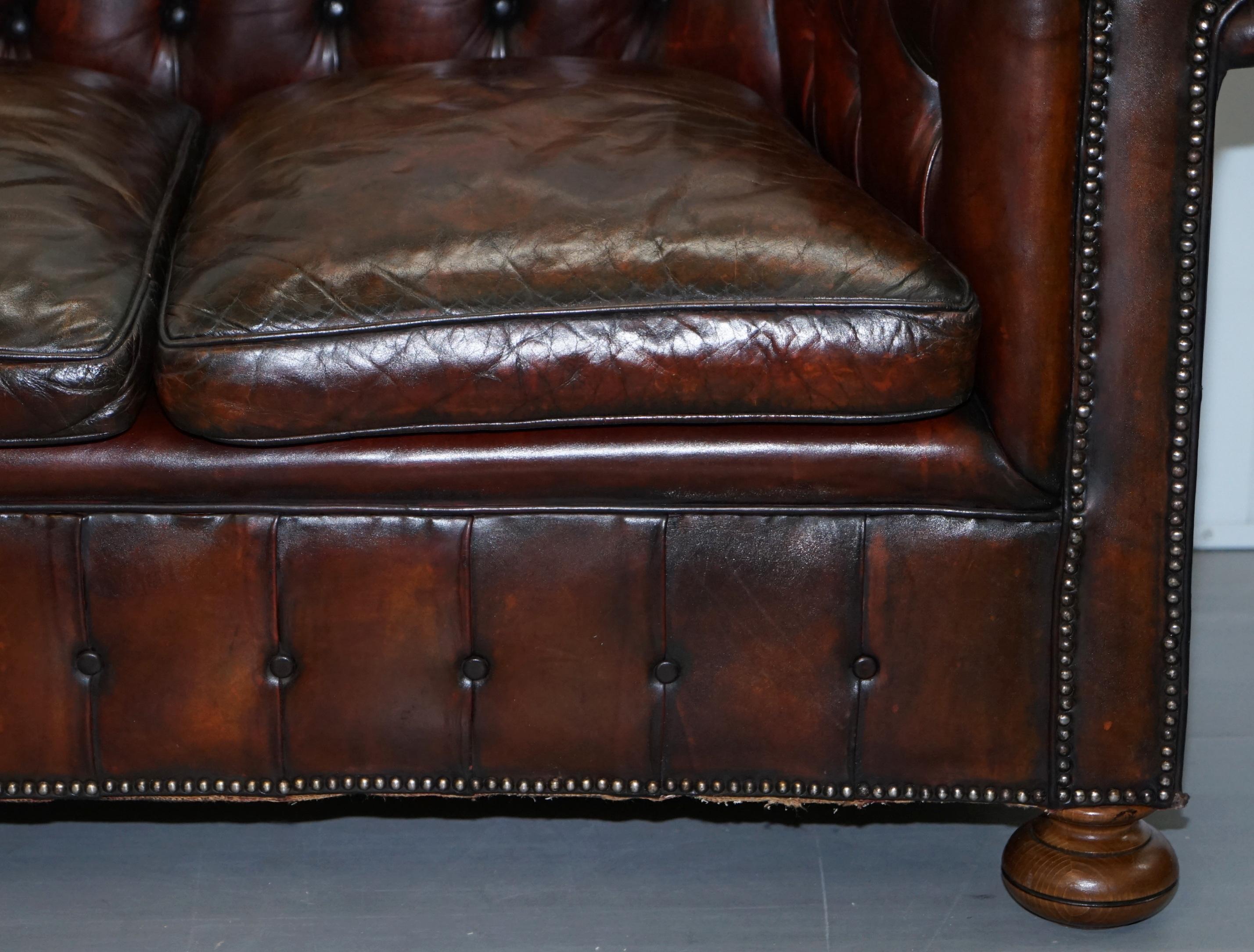 1930s Made in England Hand Dyed Restored Cigar Brown 3-Seat Chesterfield Club 9