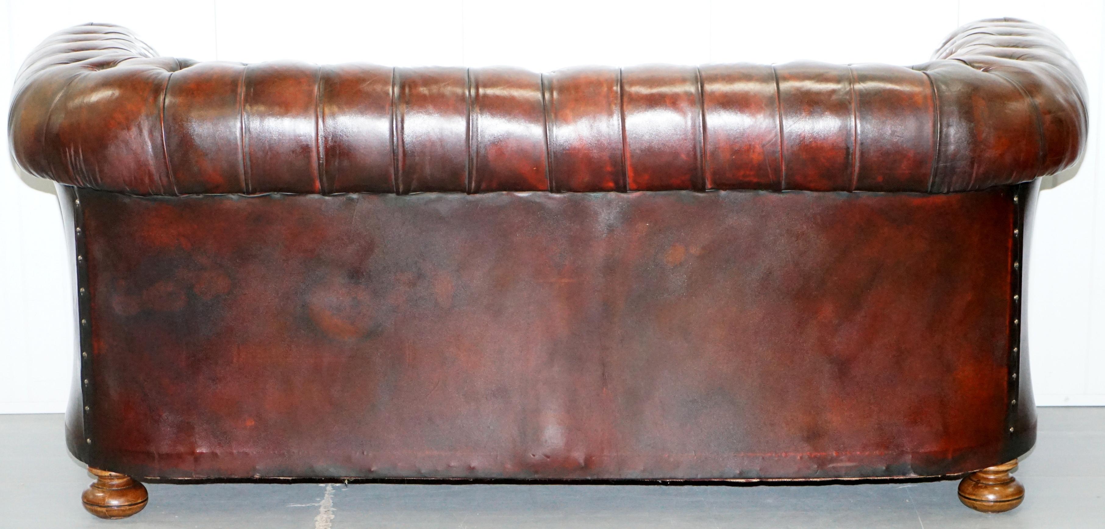 1930s Made in England Hand Dyed Restored Cigar Brown 3-Seat Chesterfield Club 12