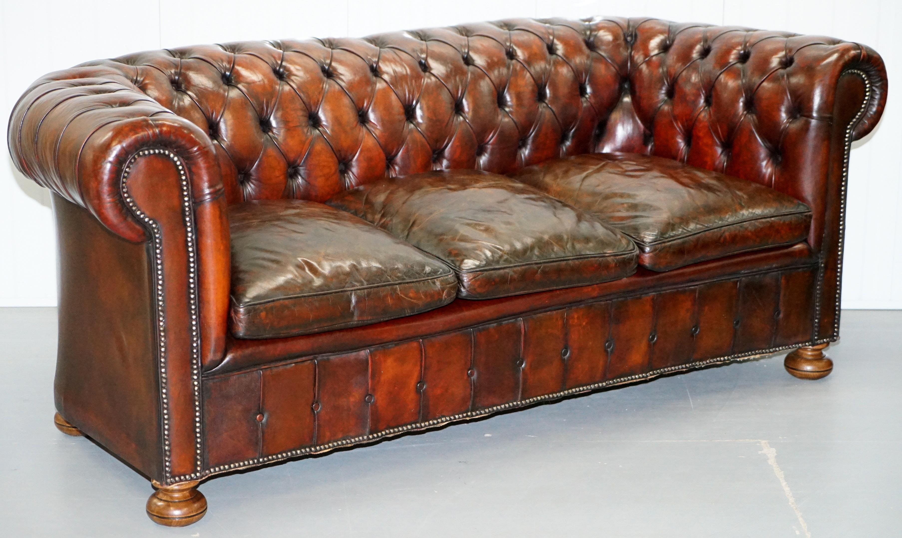 We are delighted to offer for sale this exceptionally rare original 1930s cigar brown leather Chesterfield club sofa in newly restored condition with feather filled cushions 

A really very rare find, you almost never come across early 20th
