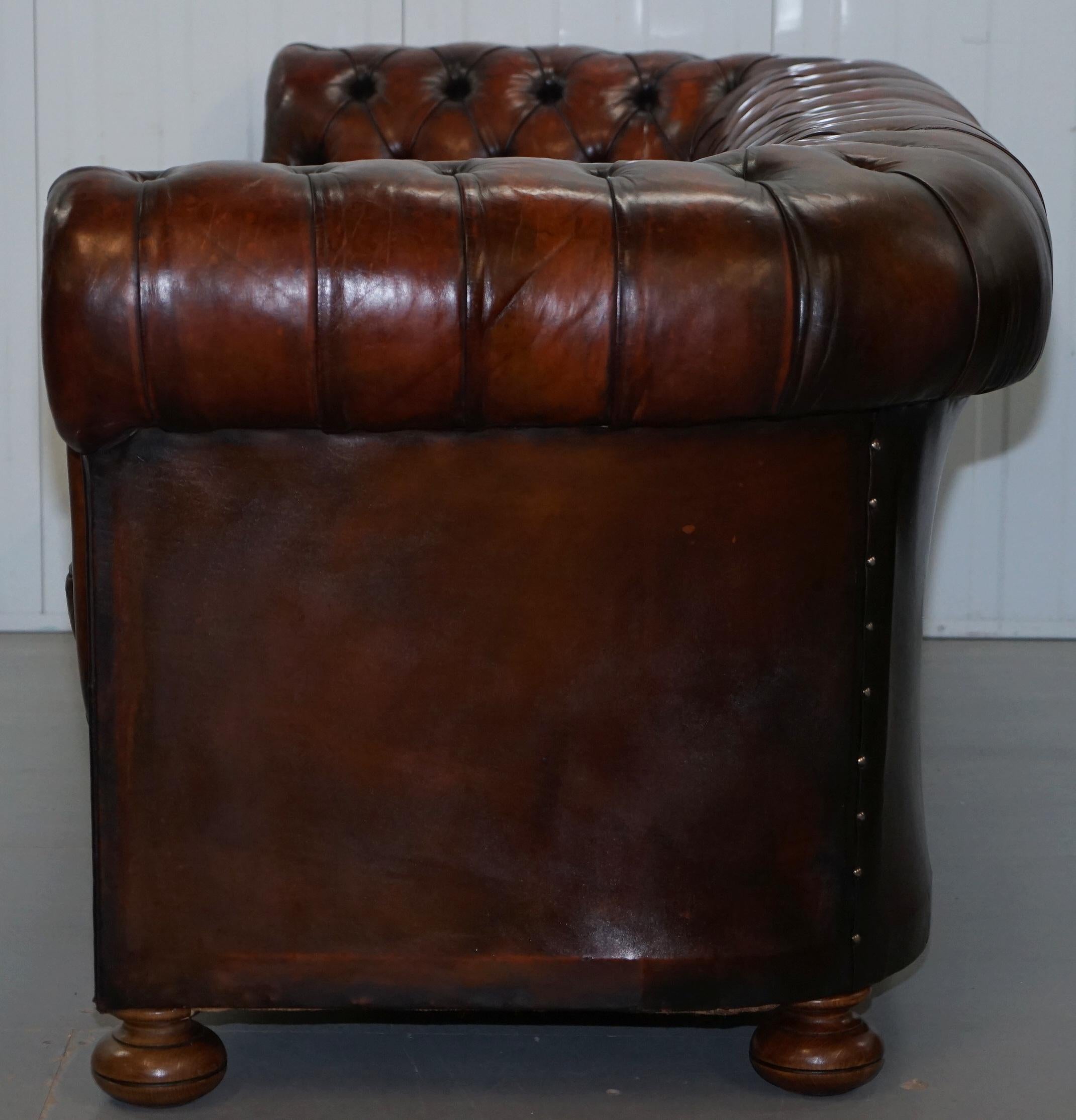 1930s Made in England Hand Dyed Restored Cigar Brown 3-Seat Chesterfield Club 13