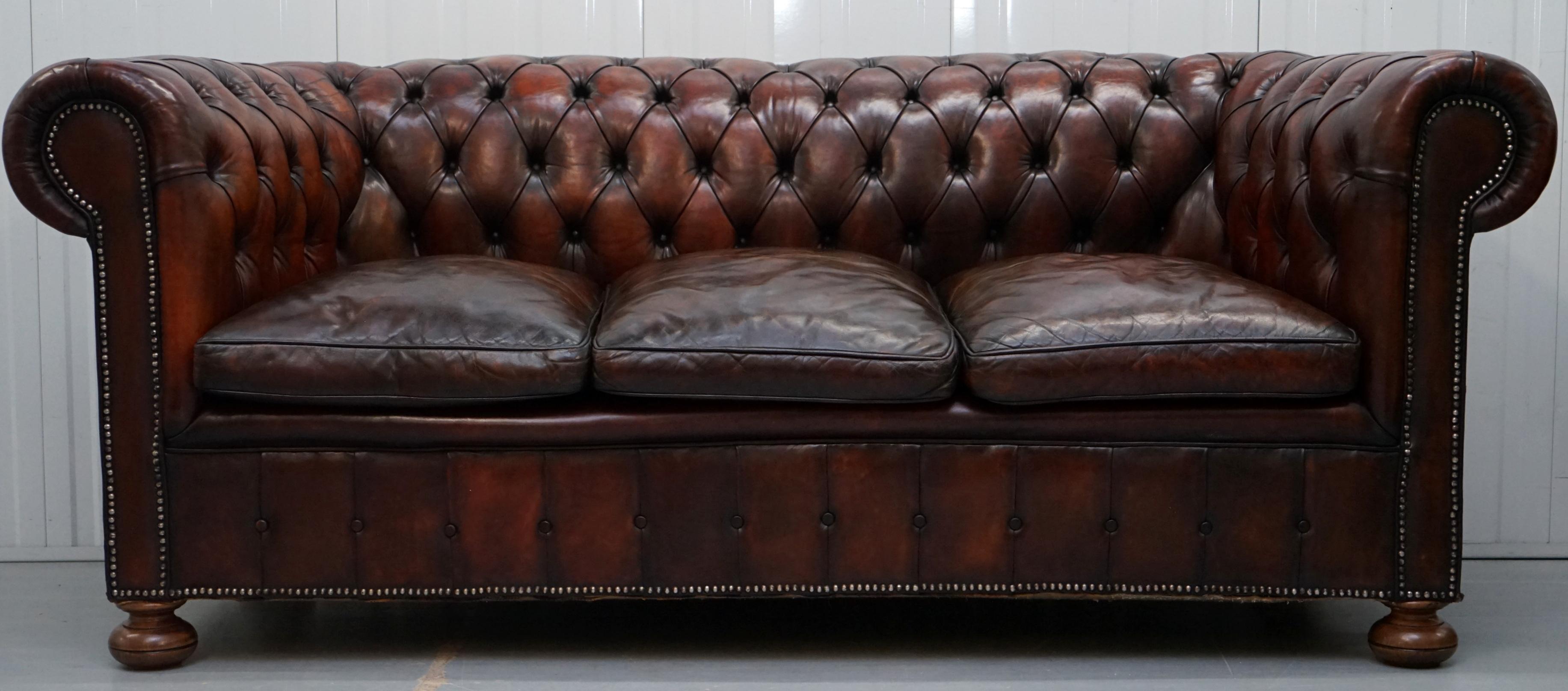 Georgian 1930s Made in England Hand Dyed Restored Cigar Brown 3-Seat Chesterfield Club
