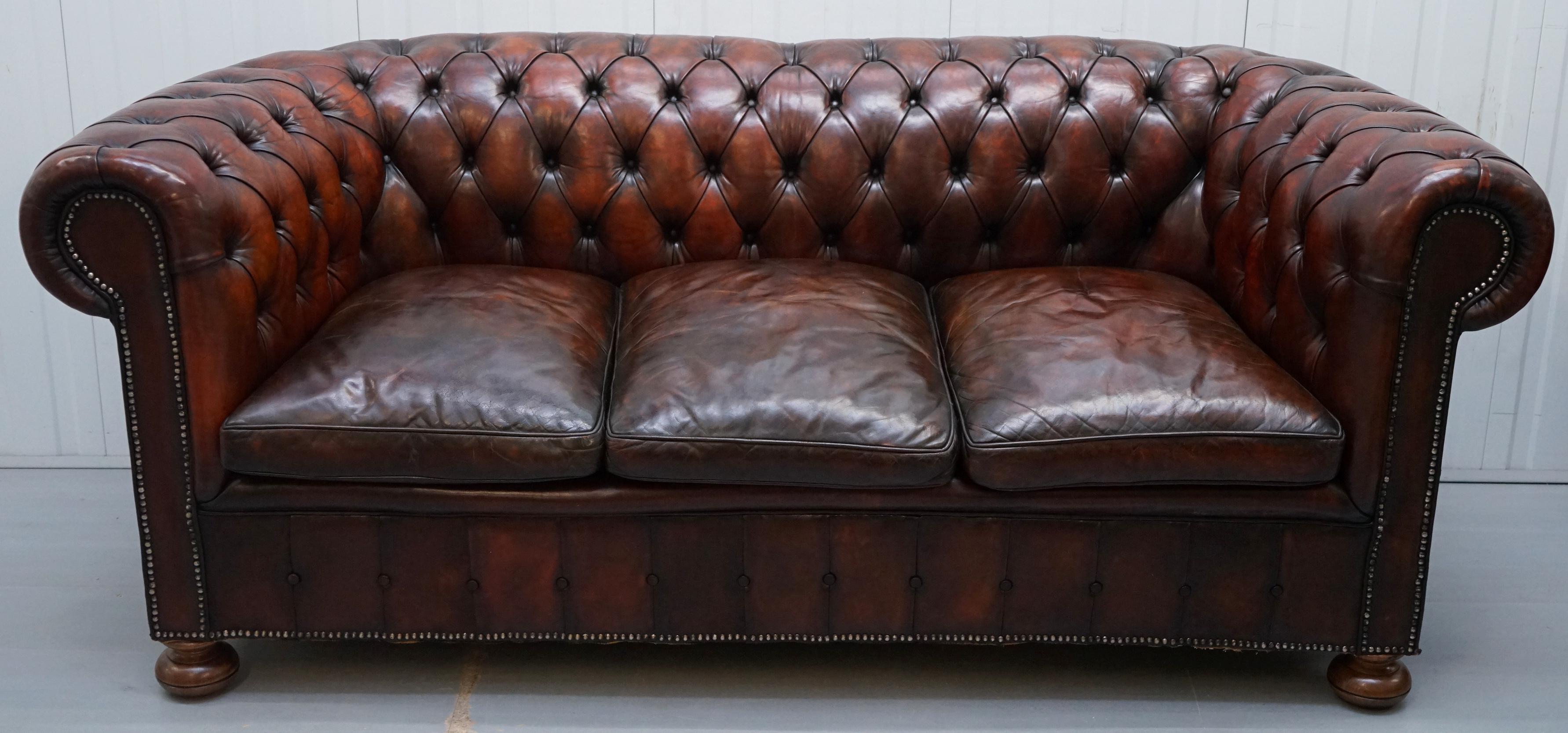 British 1930s Made in England Hand Dyed Restored Cigar Brown 3-Seat Chesterfield Club