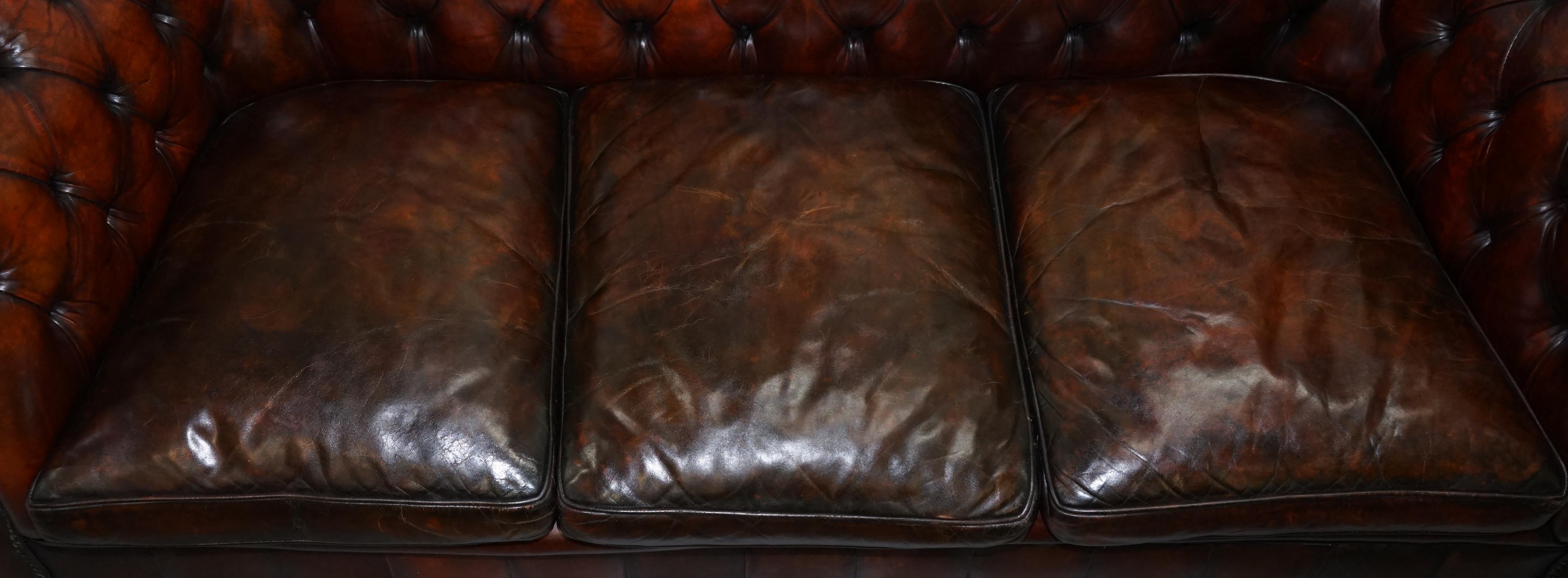Hand-Carved 1930s Made in England Hand Dyed Restored Cigar Brown 3-Seat Chesterfield Club