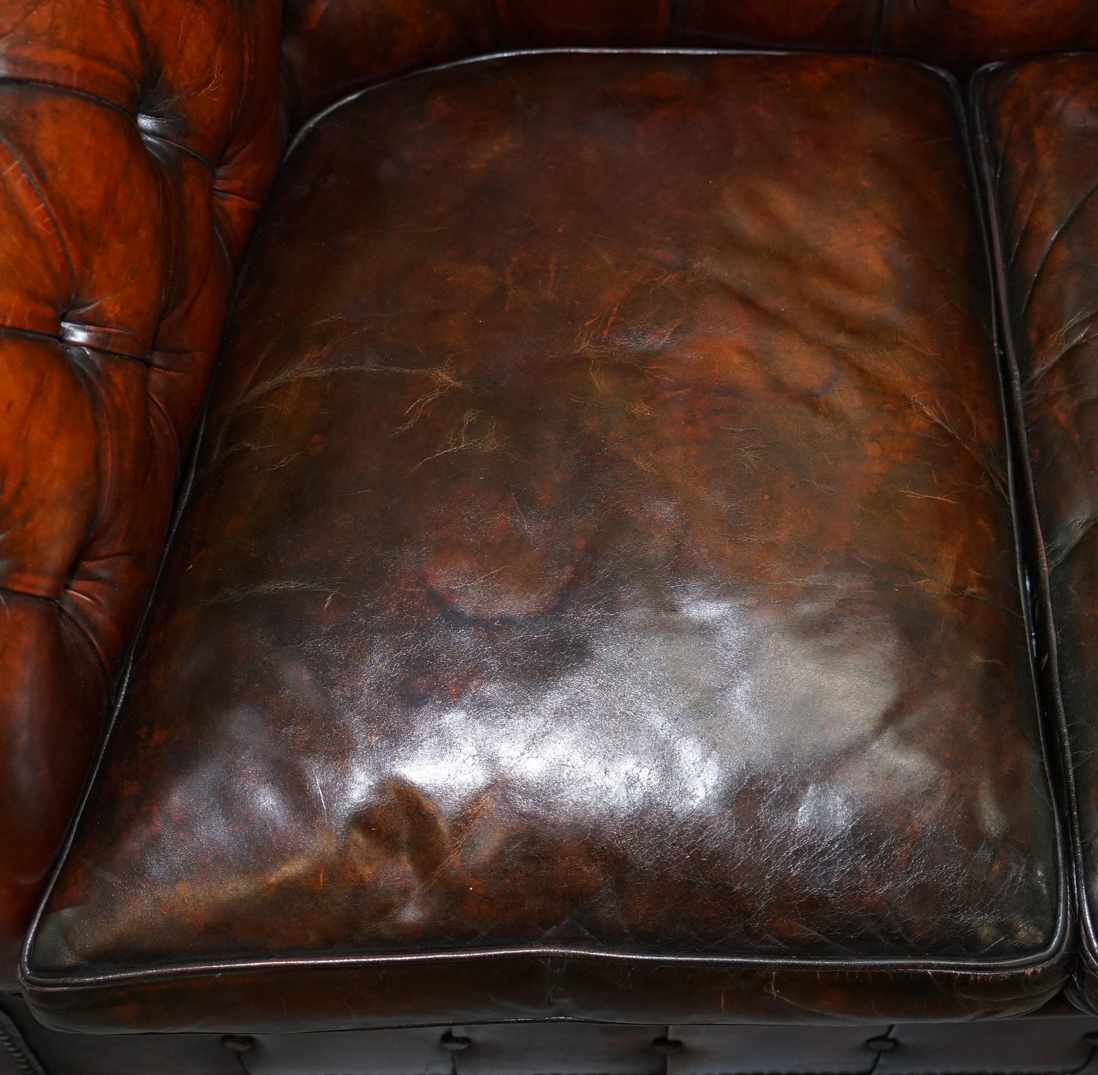 Mid-20th Century 1930s Made in England Hand Dyed Restored Cigar Brown 3-Seat Chesterfield Club