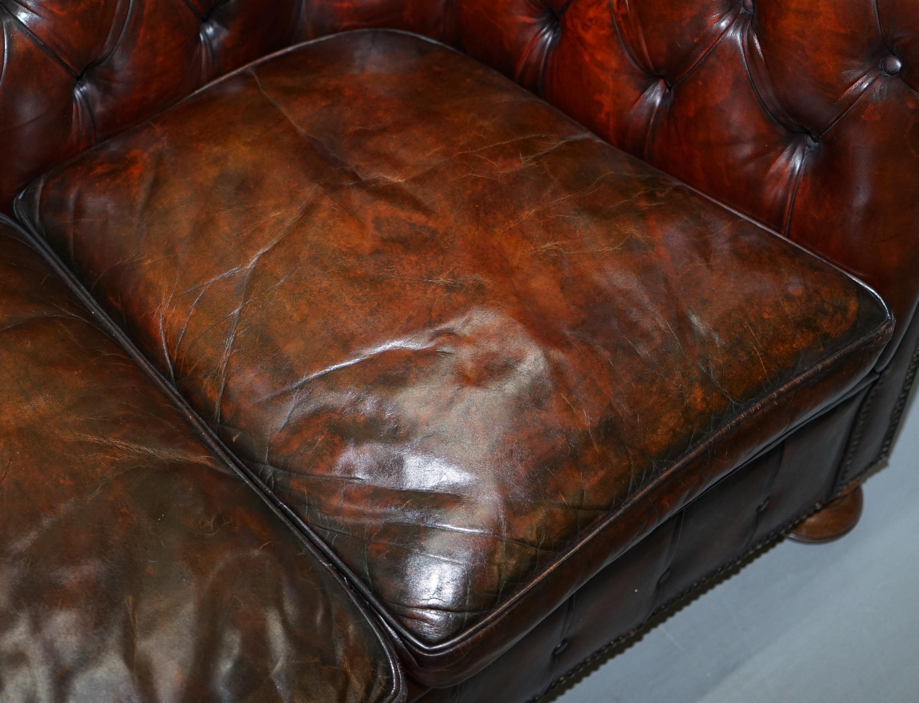 1930s Made in England Hand Dyed Restored Cigar Brown 3-Seat Chesterfield Club 1