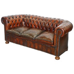 Vintage 1930s Made in England Hand Dyed Restored Cigar Brown 3-Seat Chesterfield Club