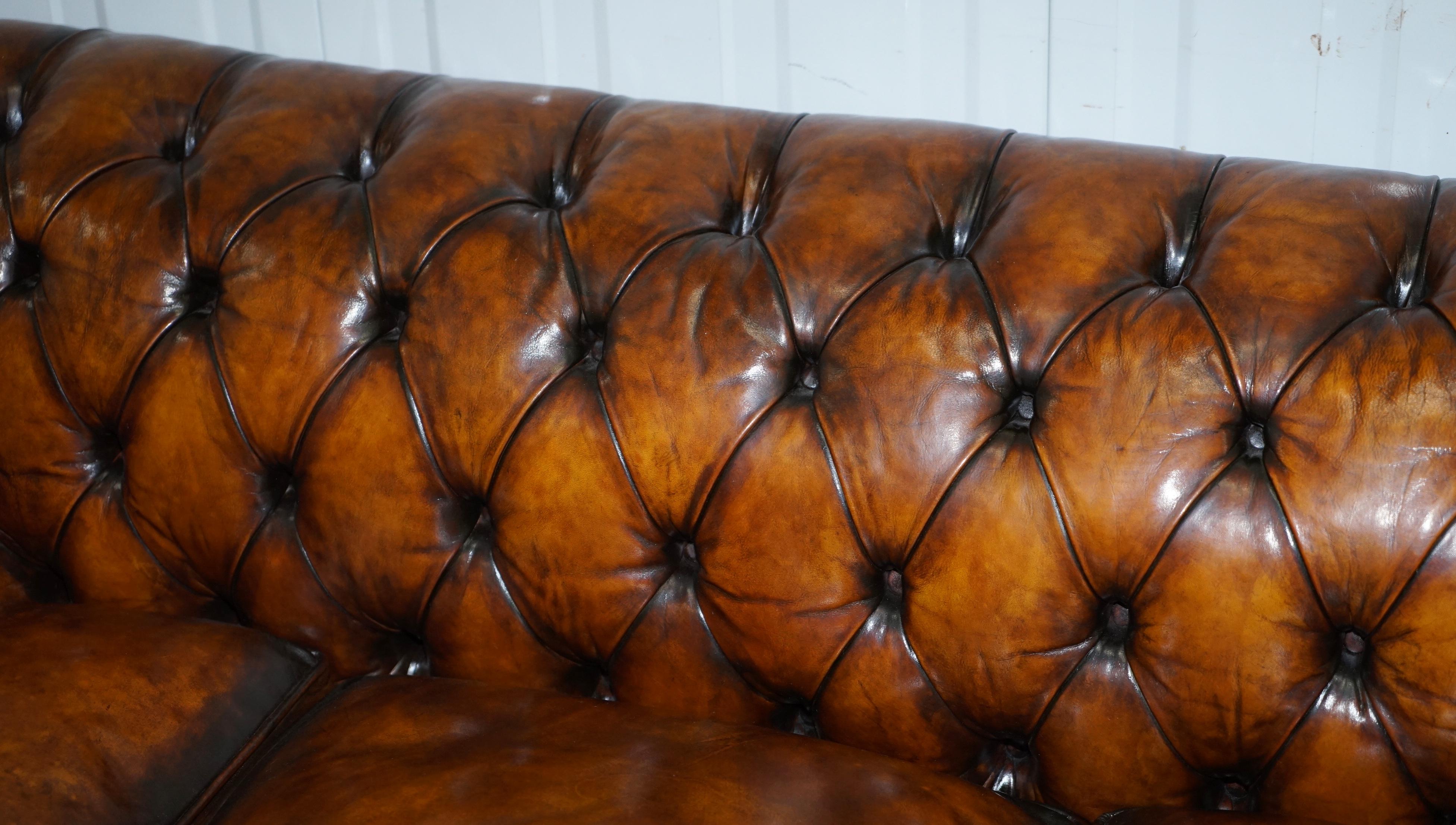 Leather 1930s Made in England Hand Dyed Restored Whisky Brown 3 Seat Chesterfield Club For Sale