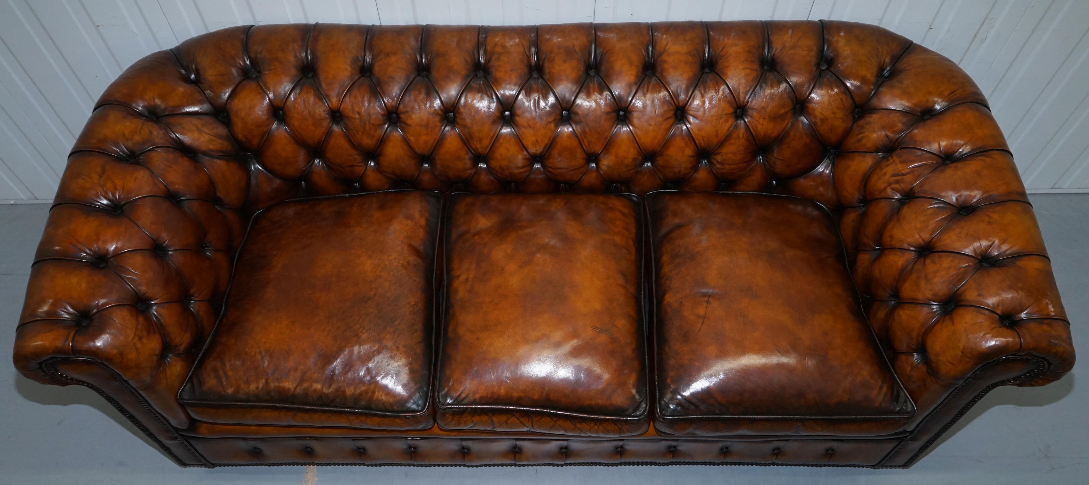 1930s Made in England Hand Dyed Restored Whisky Brown 3 Seat Chesterfield Club For Sale 1