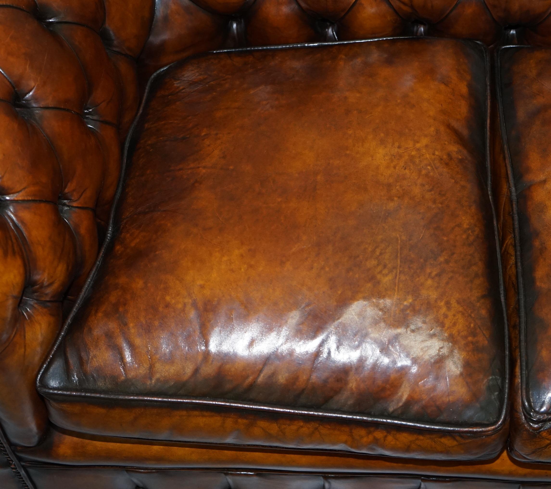 1930s Made in England Hand Dyed Restored Whisky Brown 3 Seat Chesterfield Club For Sale 4