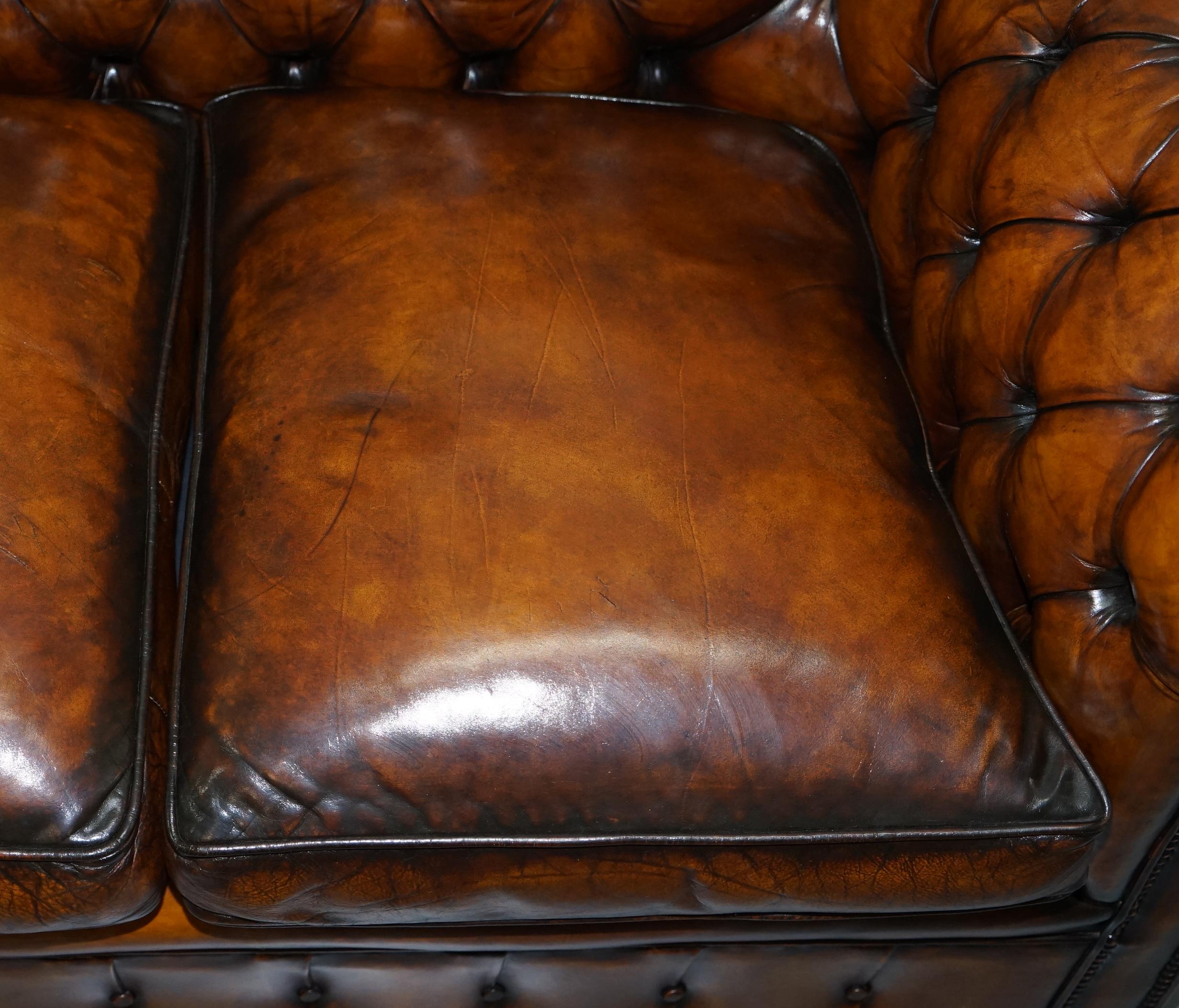 1930s Made in England Hand Dyed Restored Whisky Brown 3 Seat Chesterfield Club For Sale 3