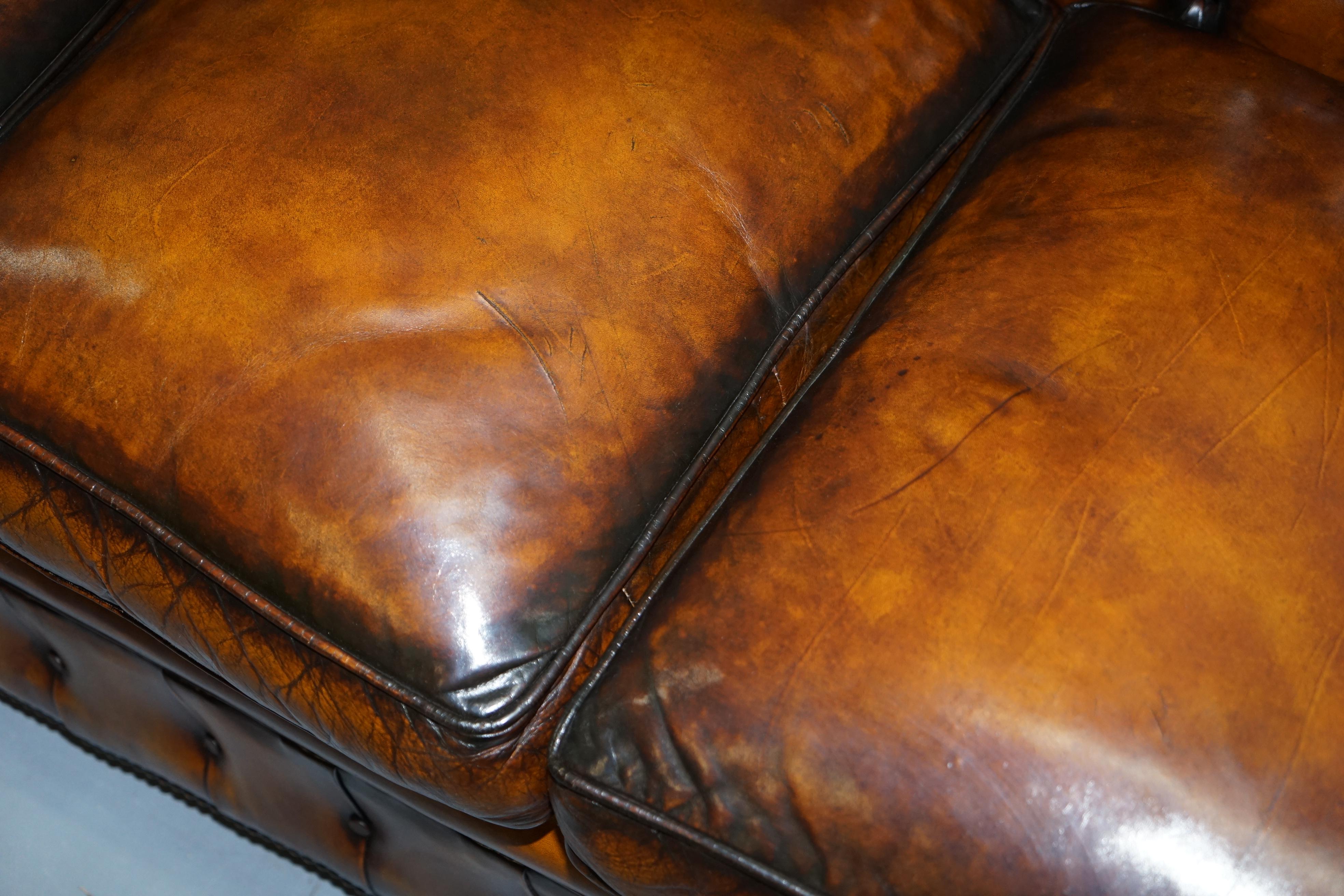 1930s Made in England Hand Dyed Restored Whisky Brown 3 Seat Chesterfield Club For Sale 6