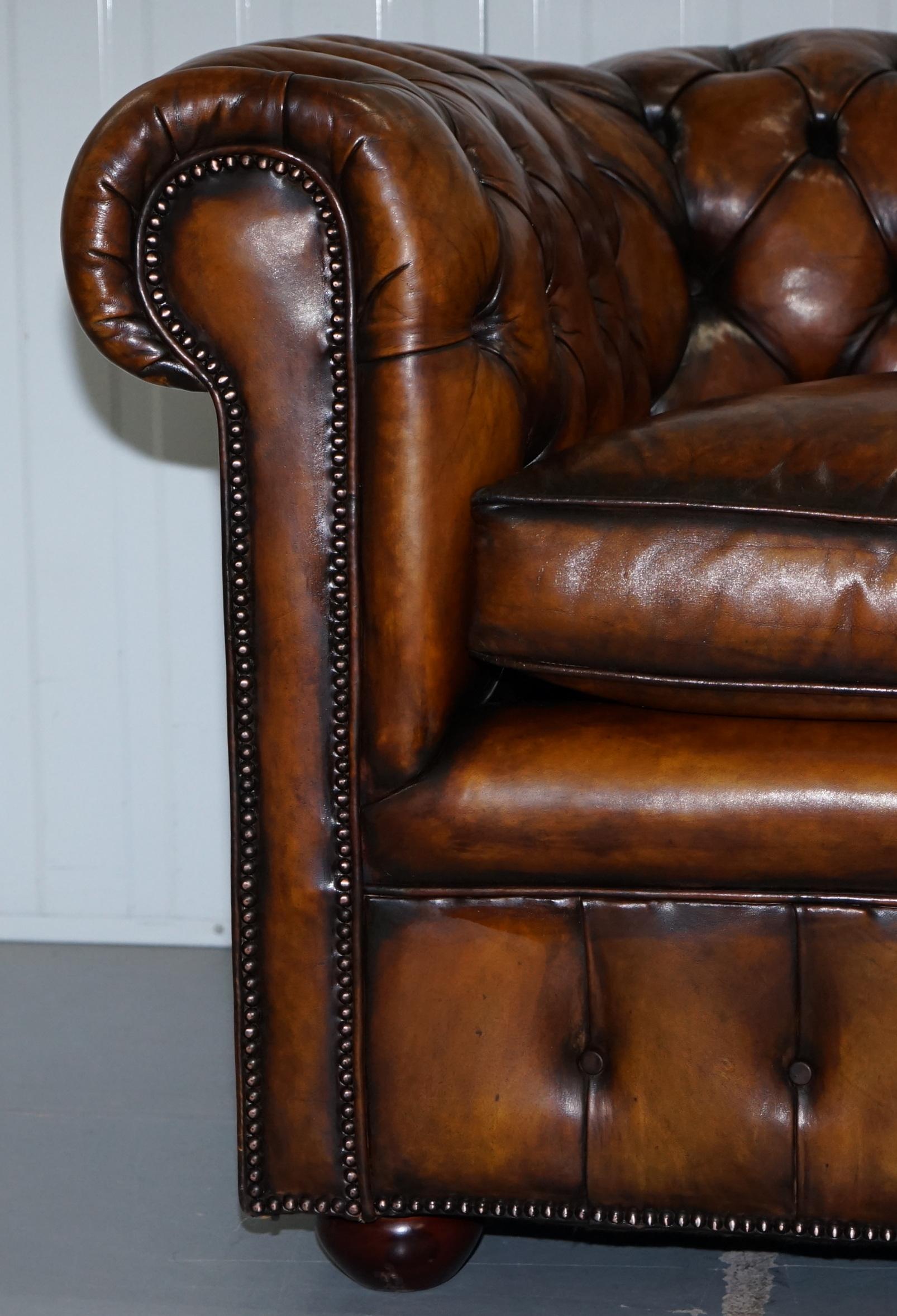 1930s Made in England Hand Dyed Restored Whisky Brown 3 Seat Chesterfield Club For Sale 7