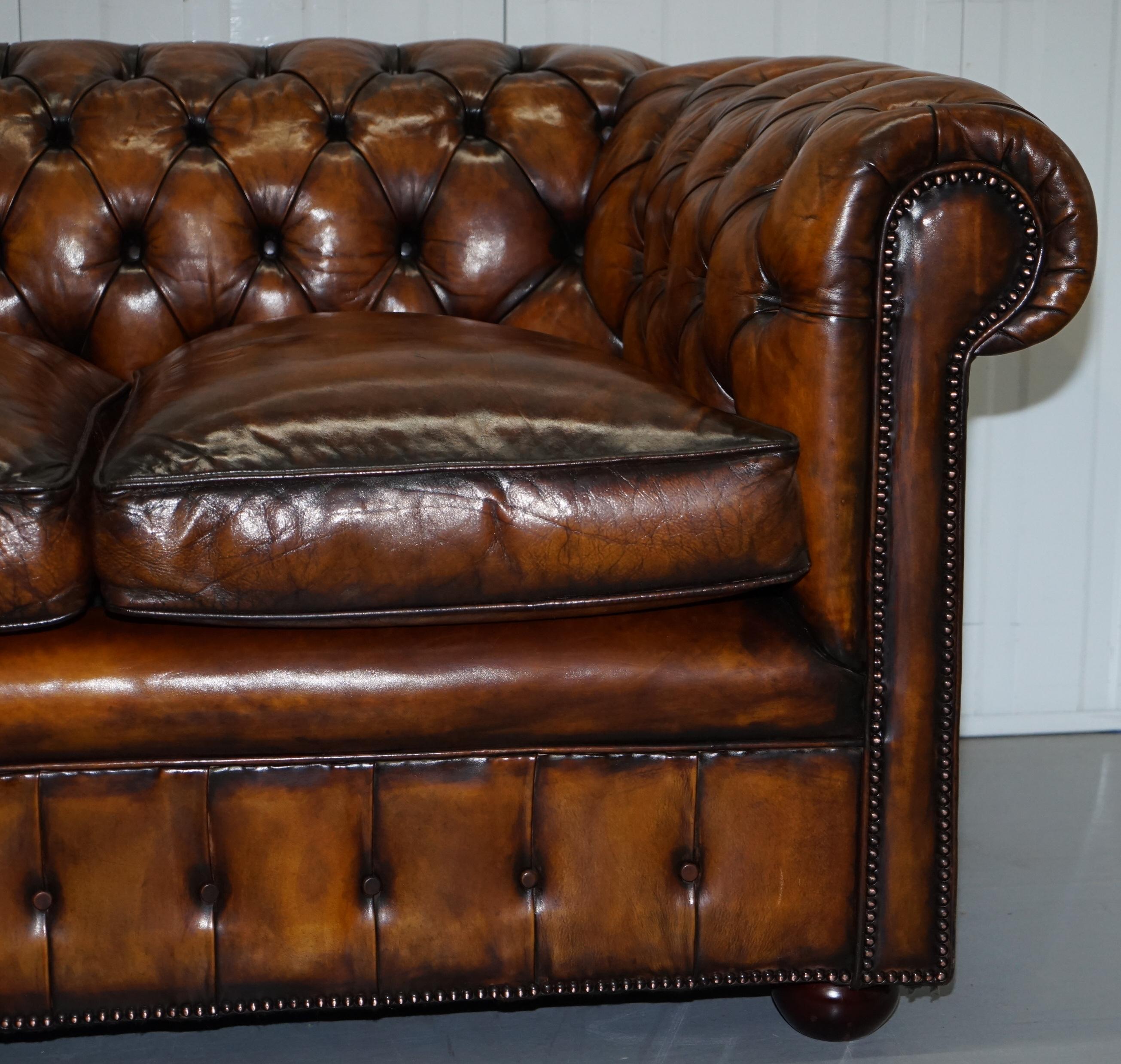 1930s Made in England Hand Dyed Restored Whisky Brown 3 Seat Chesterfield Club For Sale 8