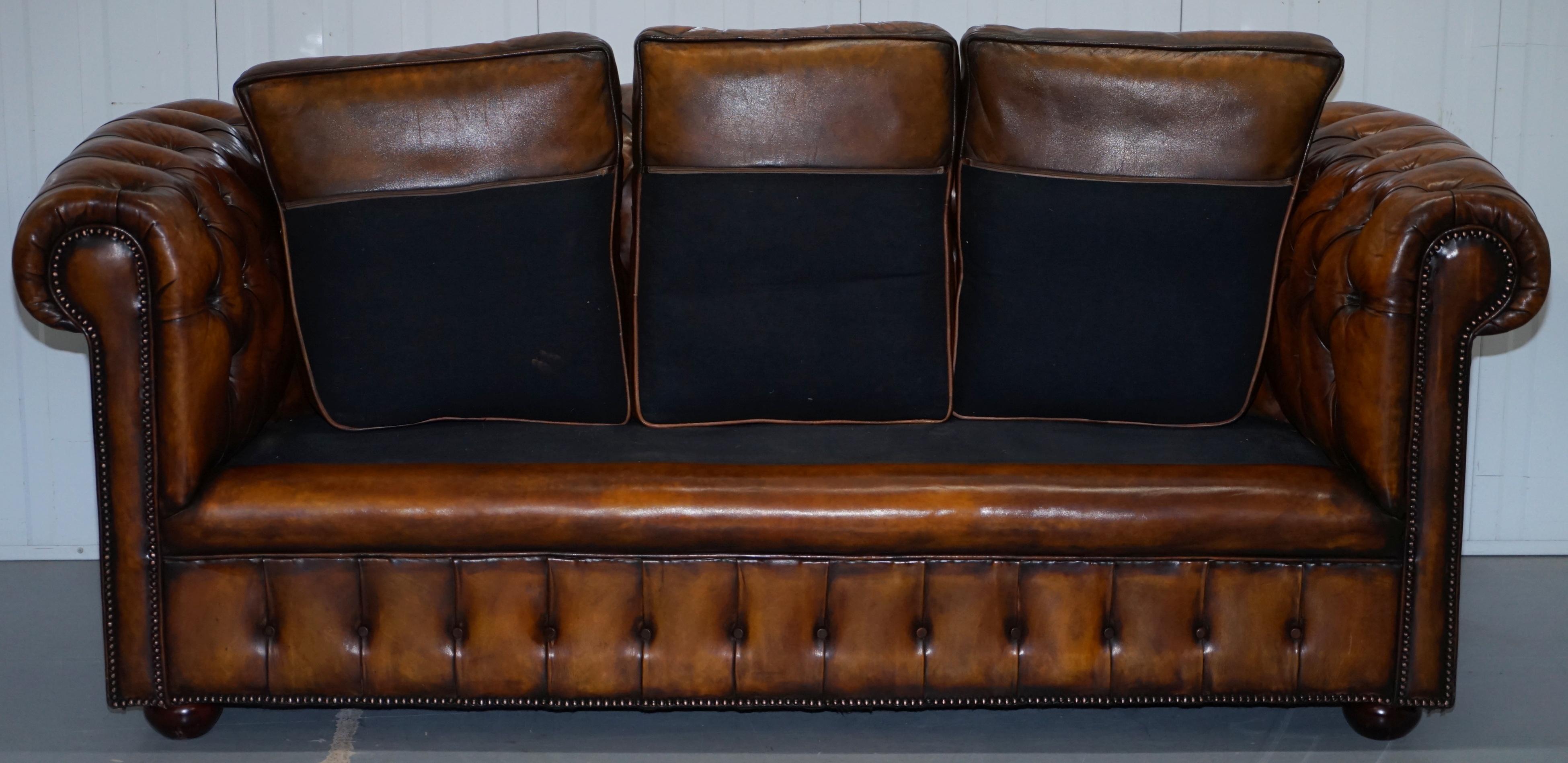 1930s Made in England Hand Dyed Restored Whisky Brown 3 Seat Chesterfield Club For Sale 7