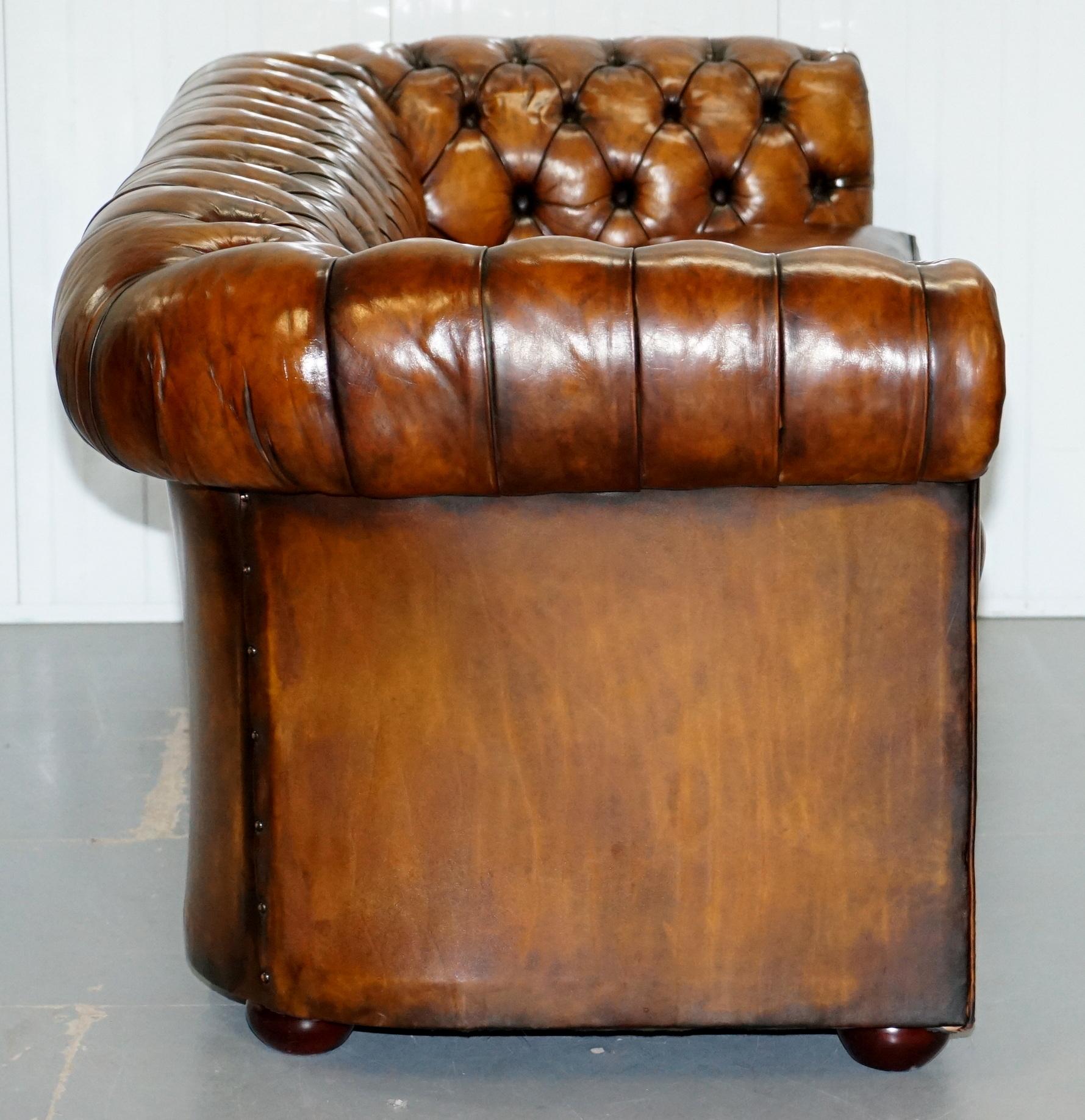 1930s Made in England Hand Dyed Restored Whisky Brown 3 Seat Chesterfield Club For Sale 10