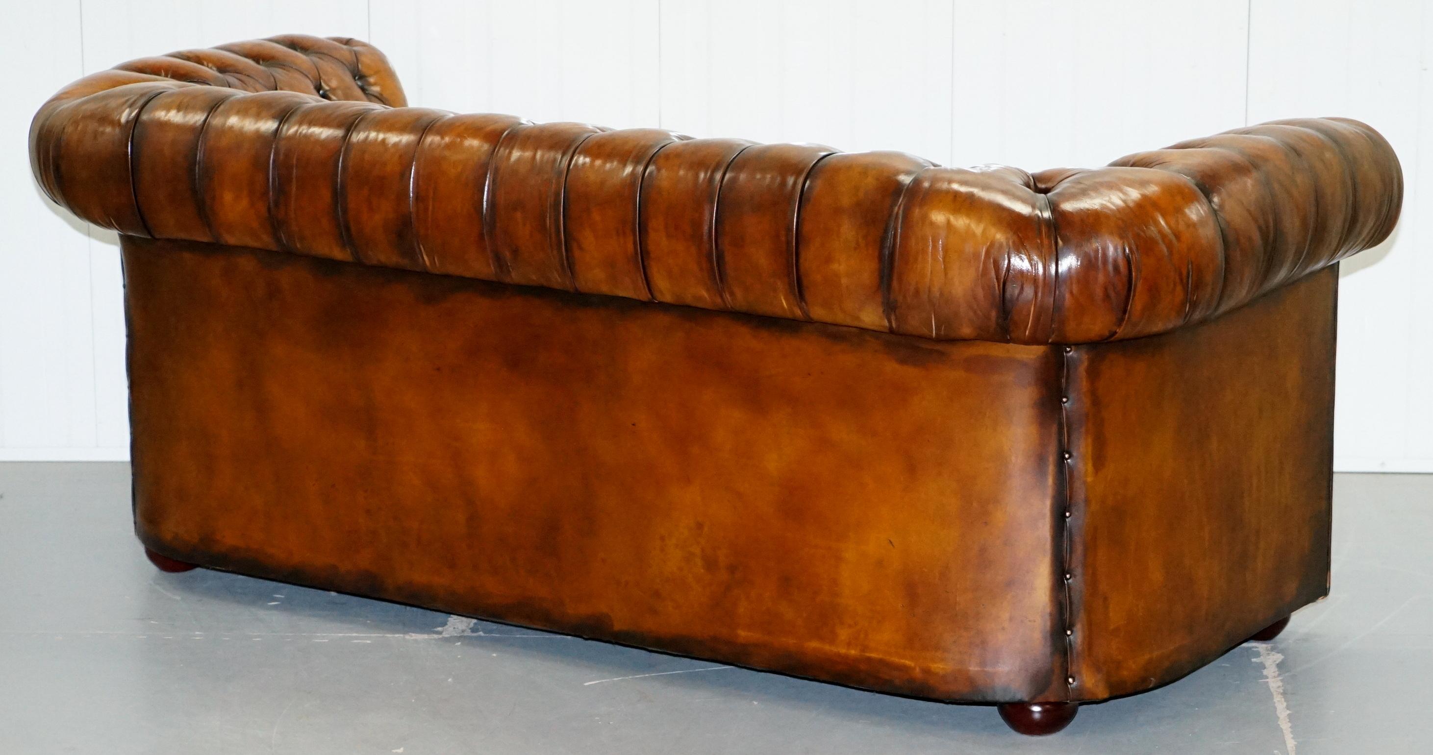 1930s Made in England Hand Dyed Restored Whisky Brown 3 Seat Chesterfield Club For Sale 11