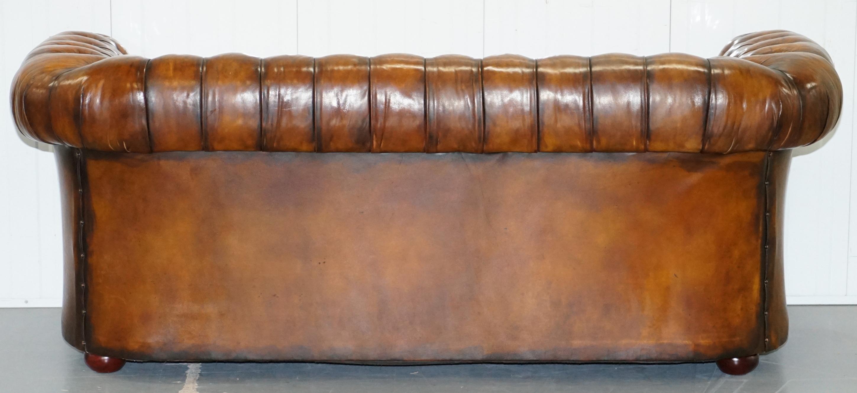 1930s Made in England Hand Dyed Restored Whisky Brown 3 Seat Chesterfield Club For Sale 10