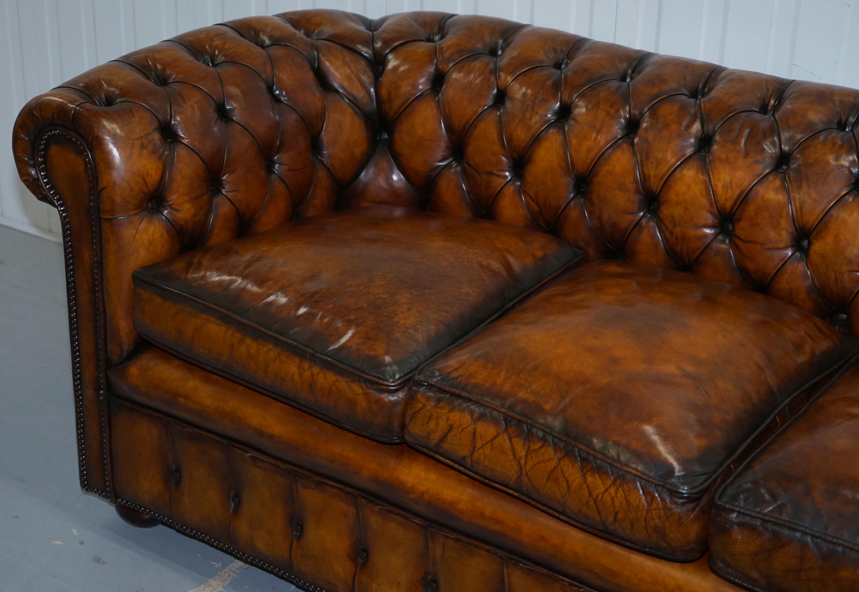 English 1930s Made in England Hand Dyed Restored Whisky Brown 3 Seat Chesterfield Club For Sale