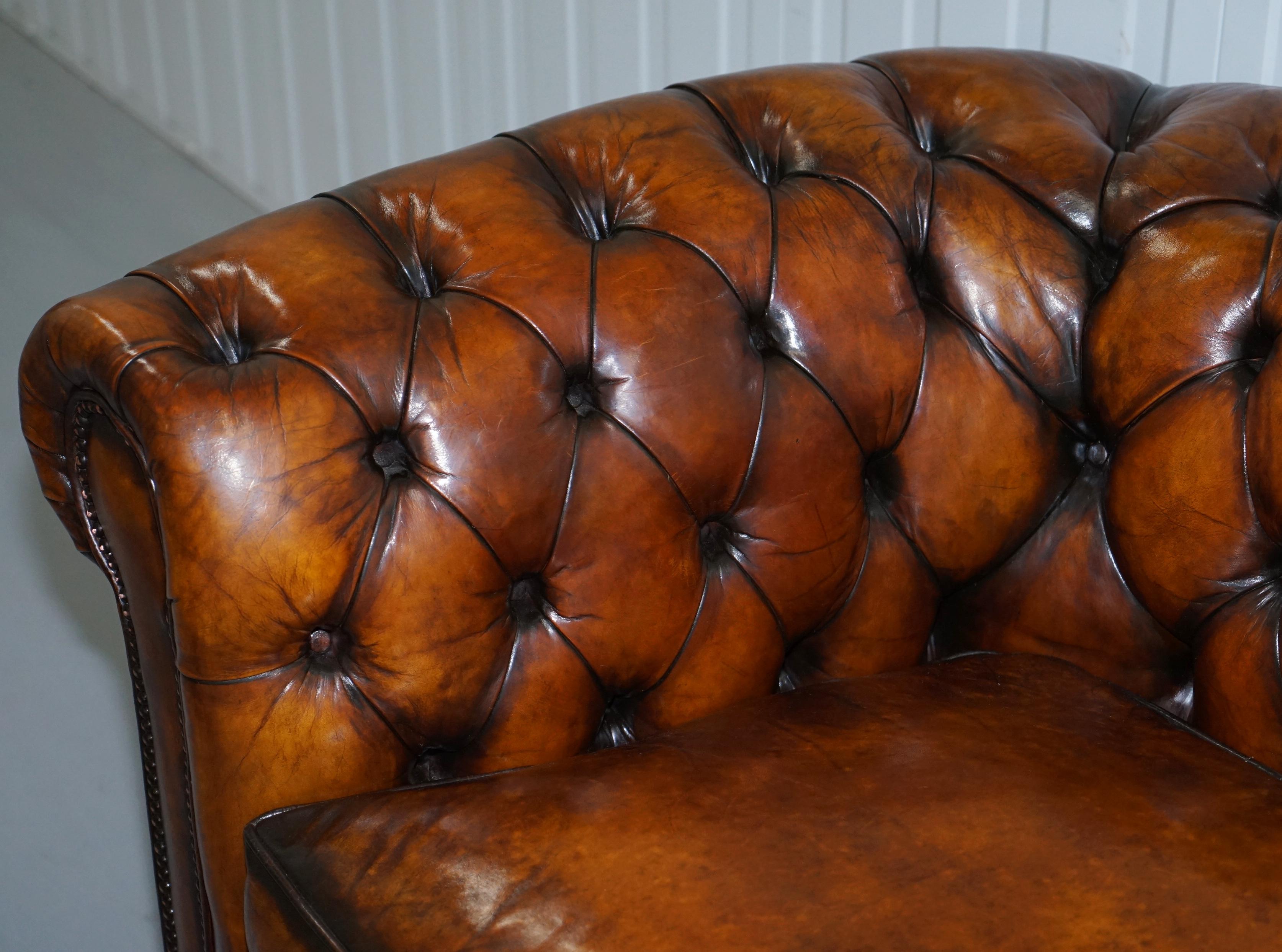 Art Deco 1930s Made in England Hand Dyed Restored Whisky Brown 3 Seat Chesterfield Club For Sale