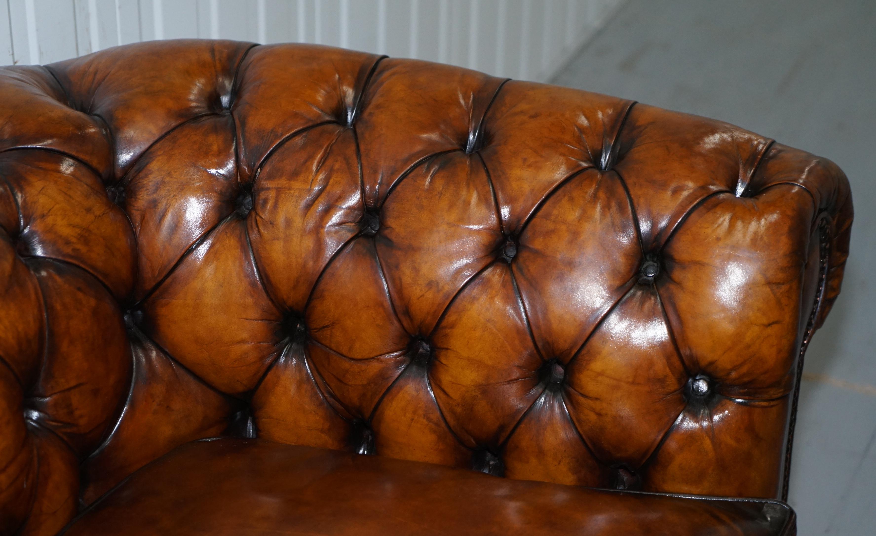 Mid-20th Century 1930s Made in England Hand Dyed Restored Whisky Brown 3 Seat Chesterfield Club For Sale