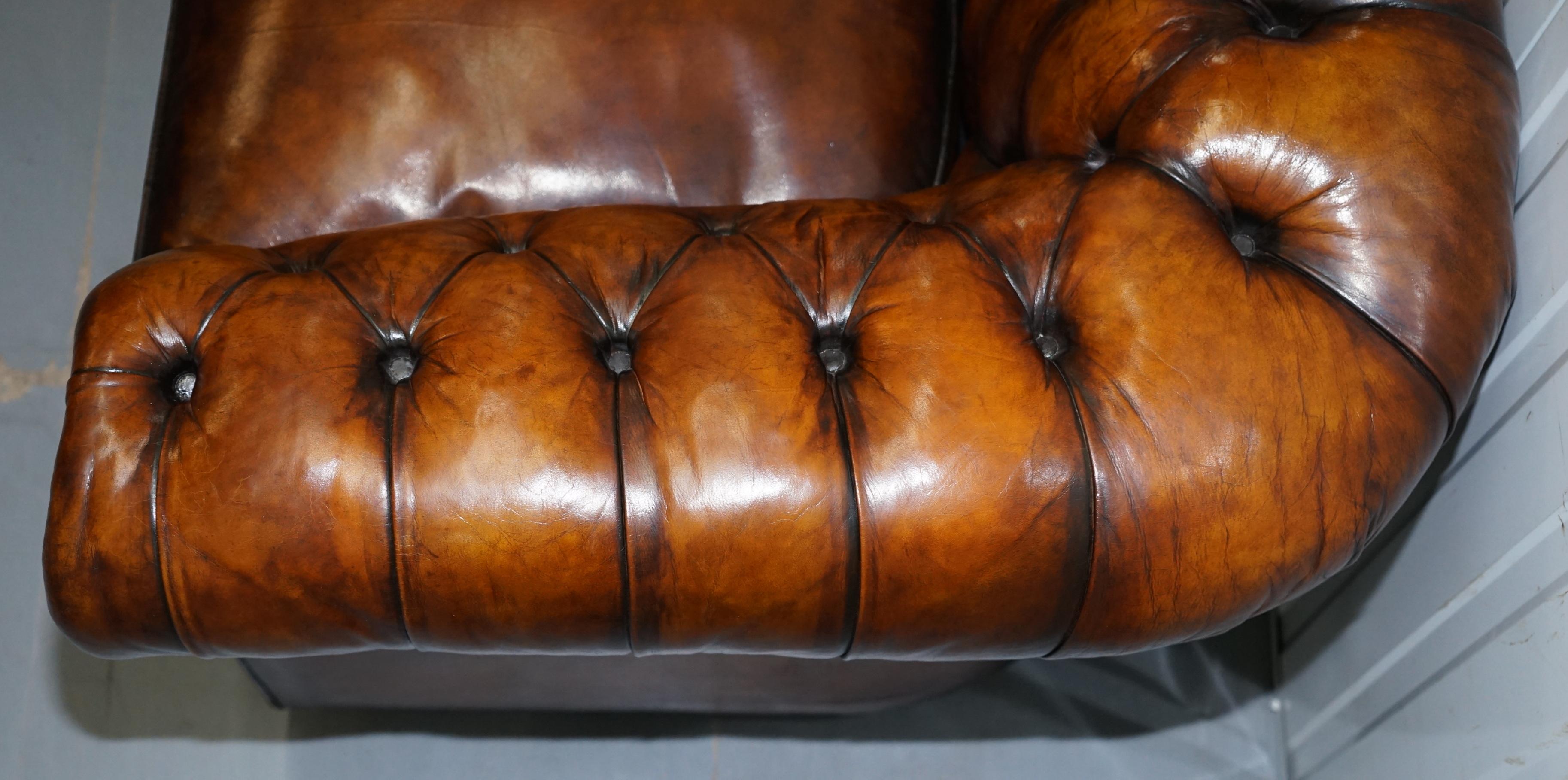 Hand-Crafted 1930s Made in England Hand Dyed Restored Whisky Brown 3 Seat Chesterfield Club For Sale