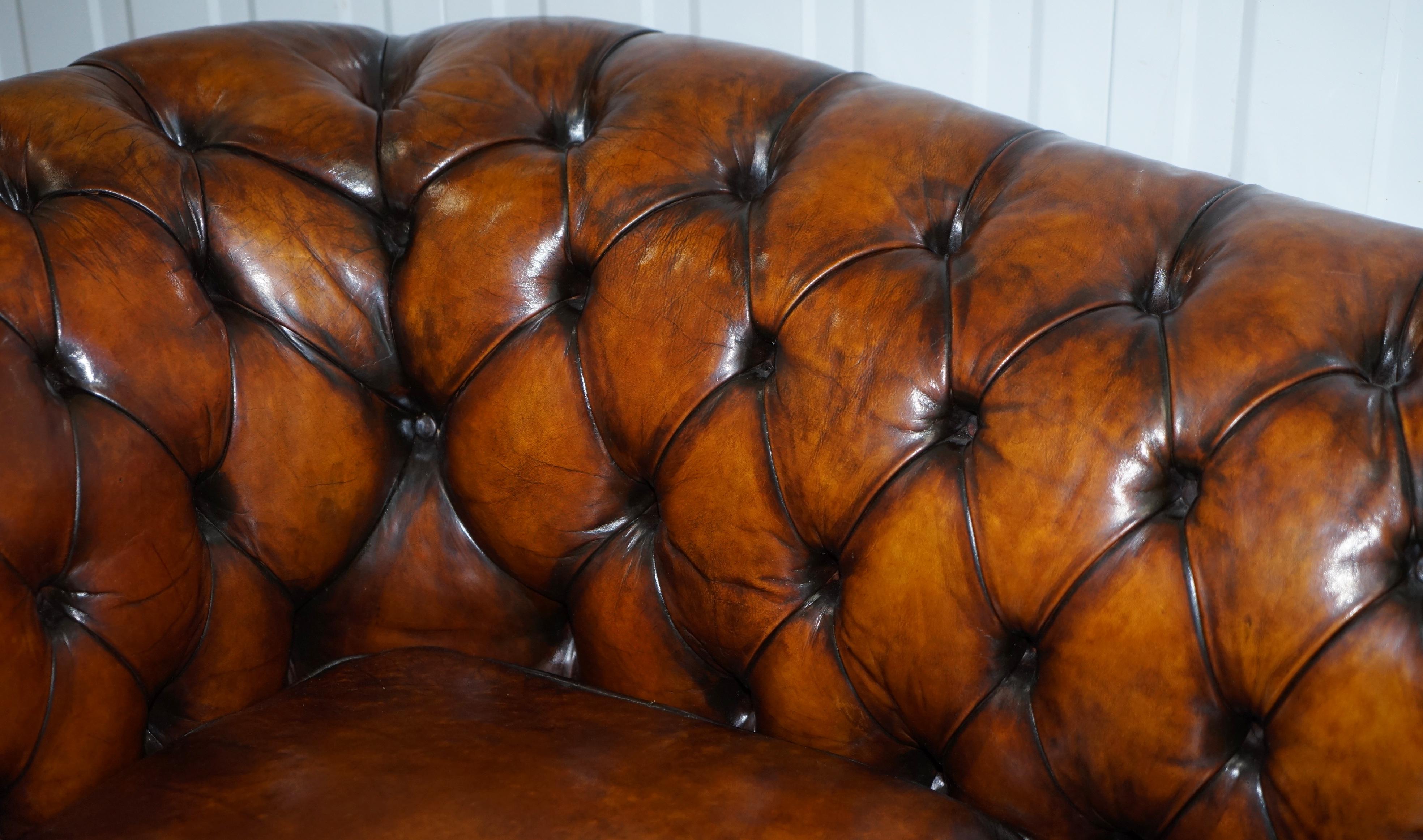 Mid-20th Century 1930s Made in England Hand Dyed Restored Whisky Brown 3 Seat Chesterfield Club For Sale