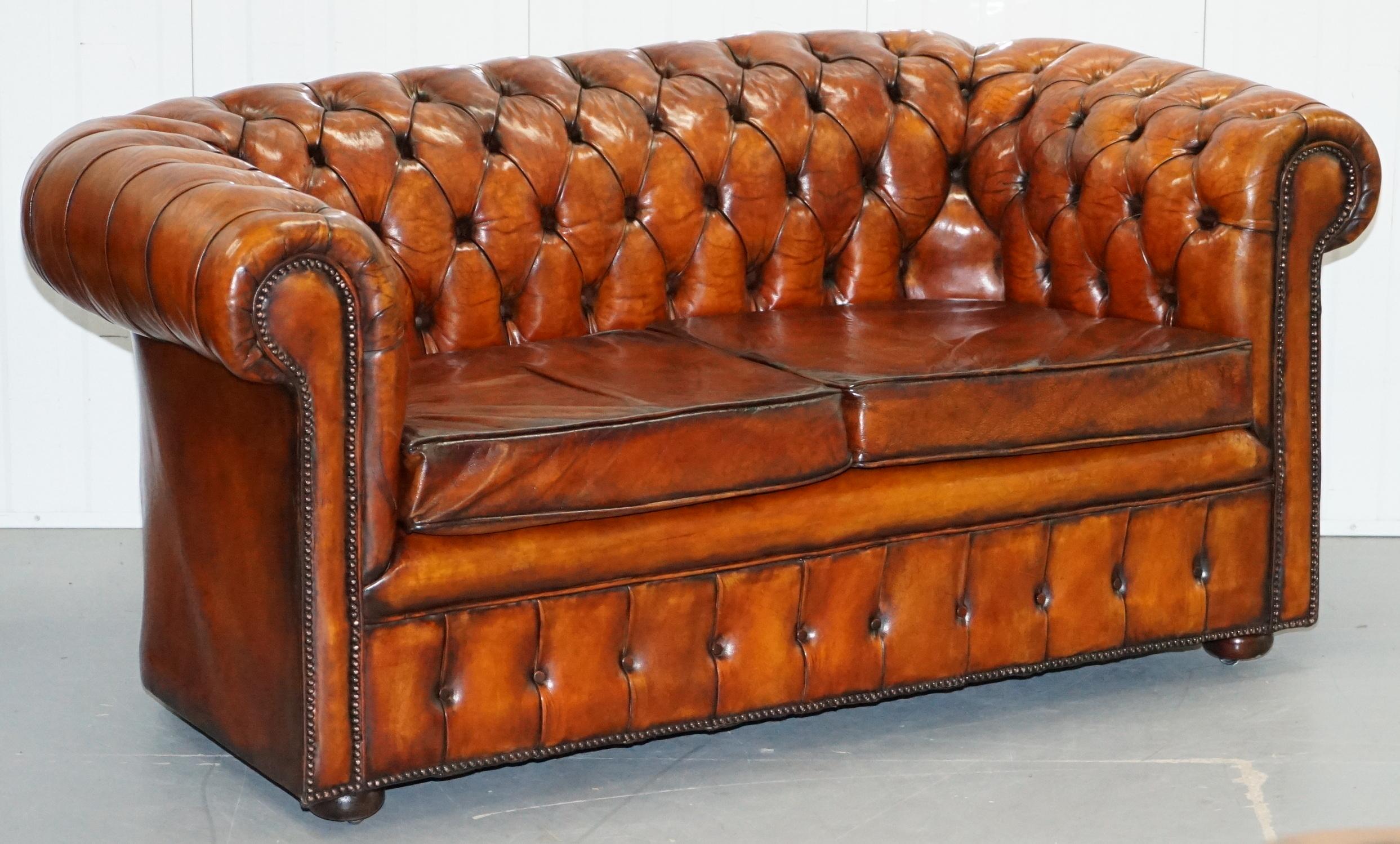 We are delighted to offer for sale this very rare absolutely stunning circa 1930s fully restored Chesterfield aged whiskey brown leather gentleman’s club sofa with very comfortable feather filled seat cushions

Where to begin… if you’re looking