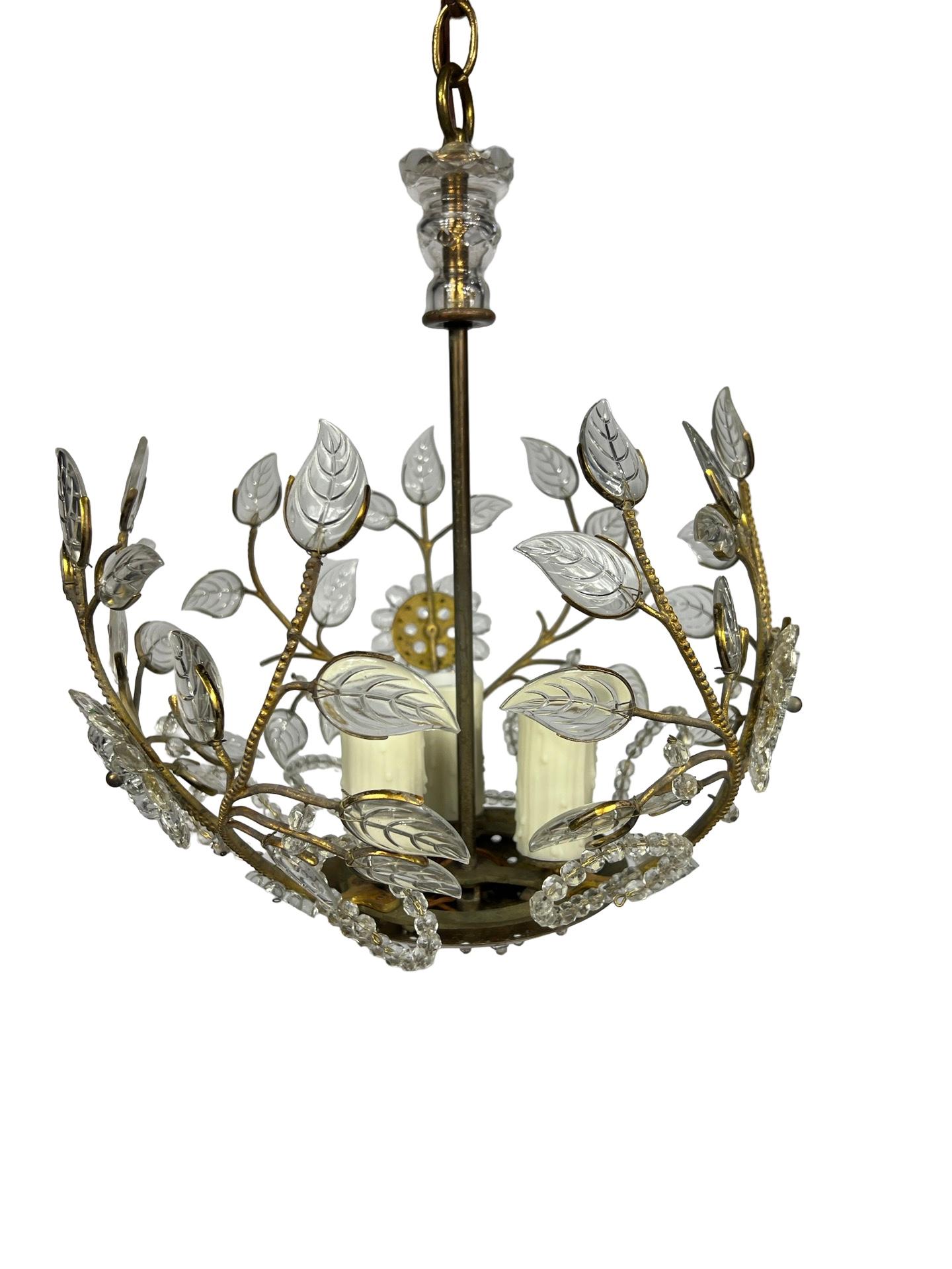 Art Deco 1930's Maison Bagues Style Brass & Floral Crystal Chandelier