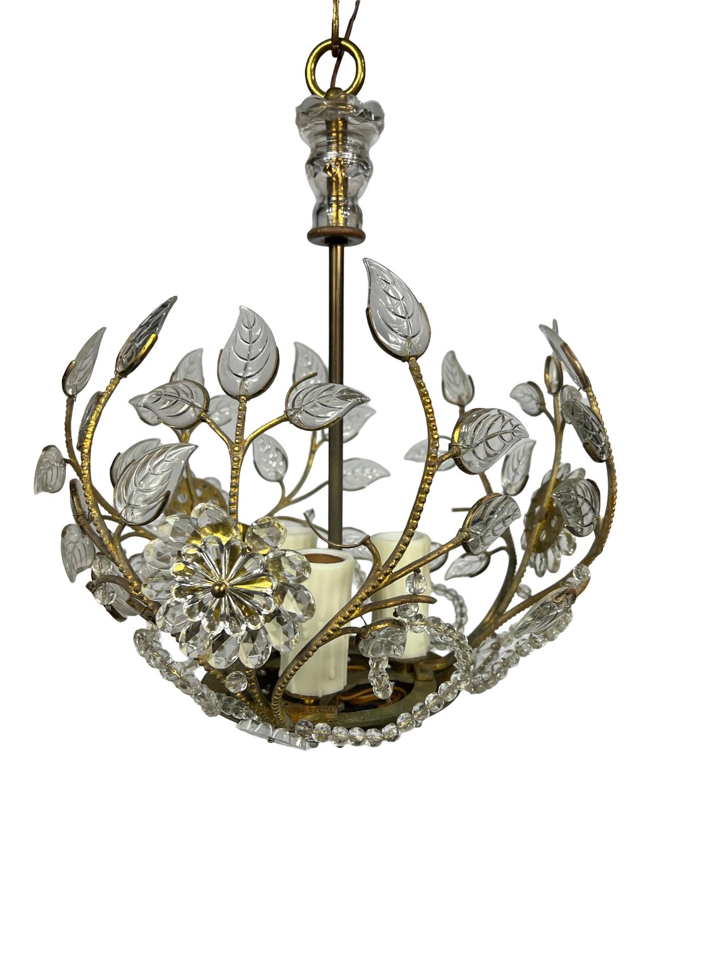 Austrian 1930's Maison Bagues Style Brass & Floral Crystal Chandelier