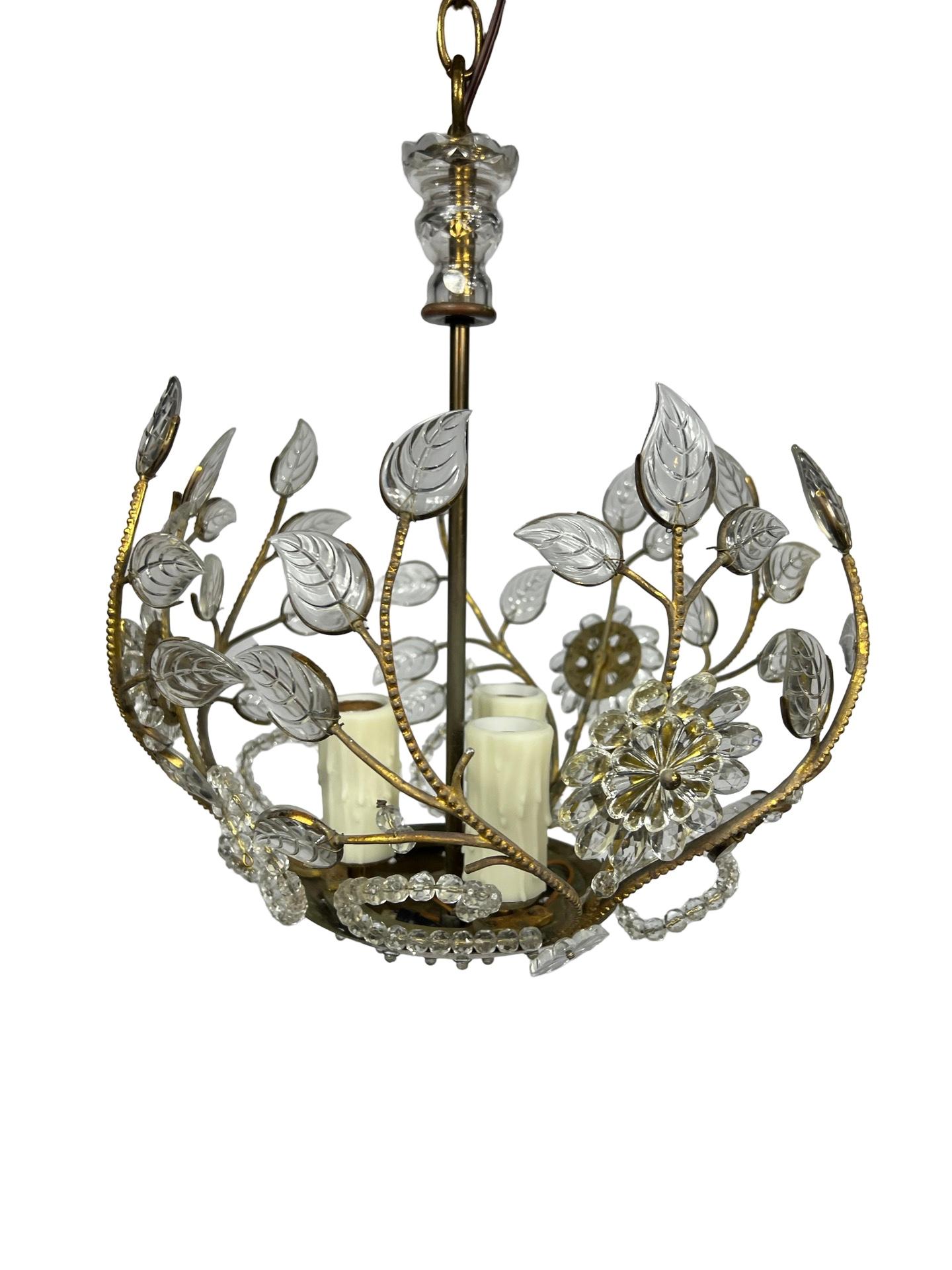 1930's Maison Bagues Style Brass & Floral Crystal Chandelier In Good Condition In Atlanta, GA
