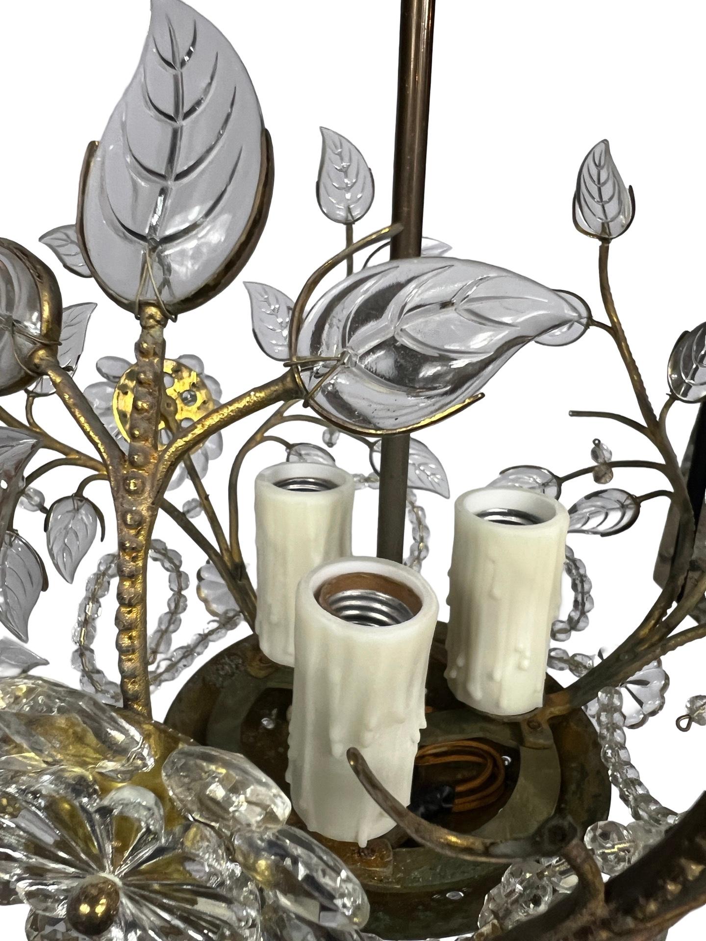 1930's Maison Bagues Style Brass & Floral Crystal Chandelier 1