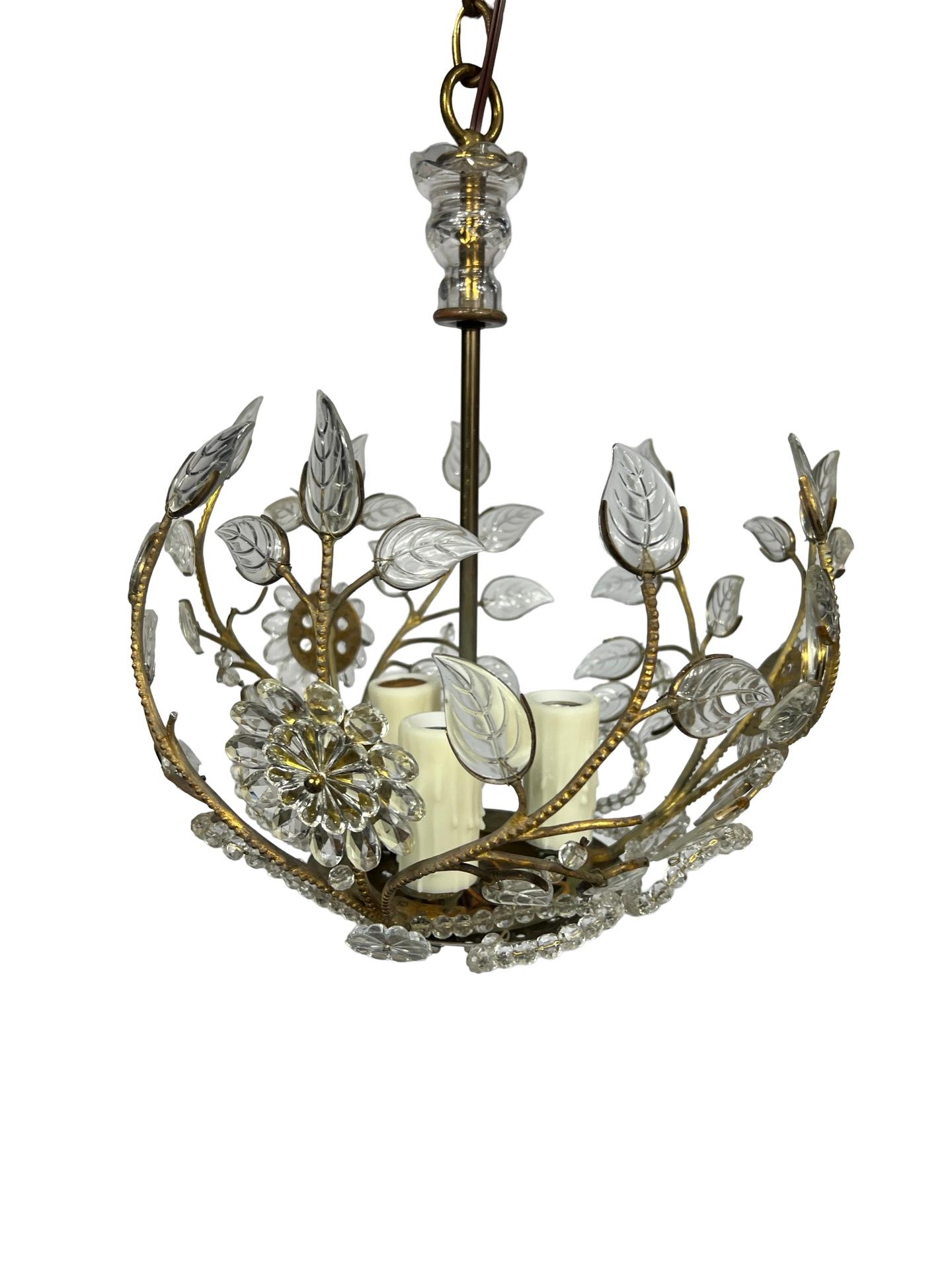 1930's Maison Bagues Style Brass & Floral Crystal Chandelier 2