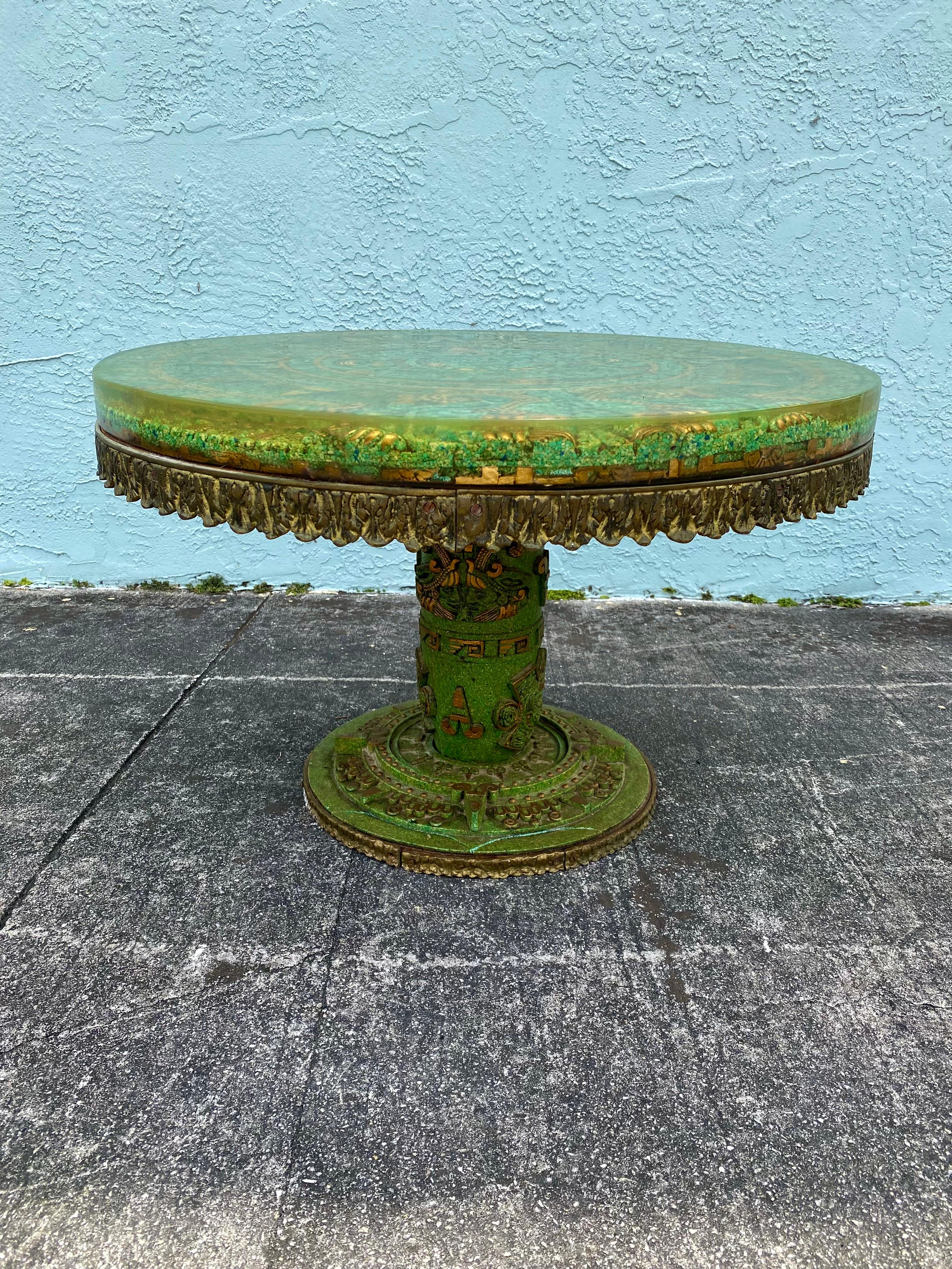 Sculpted Inlay Malachite Brutalist Bronze Wood Stone Resin Aztec Circular Table  For Sale 9