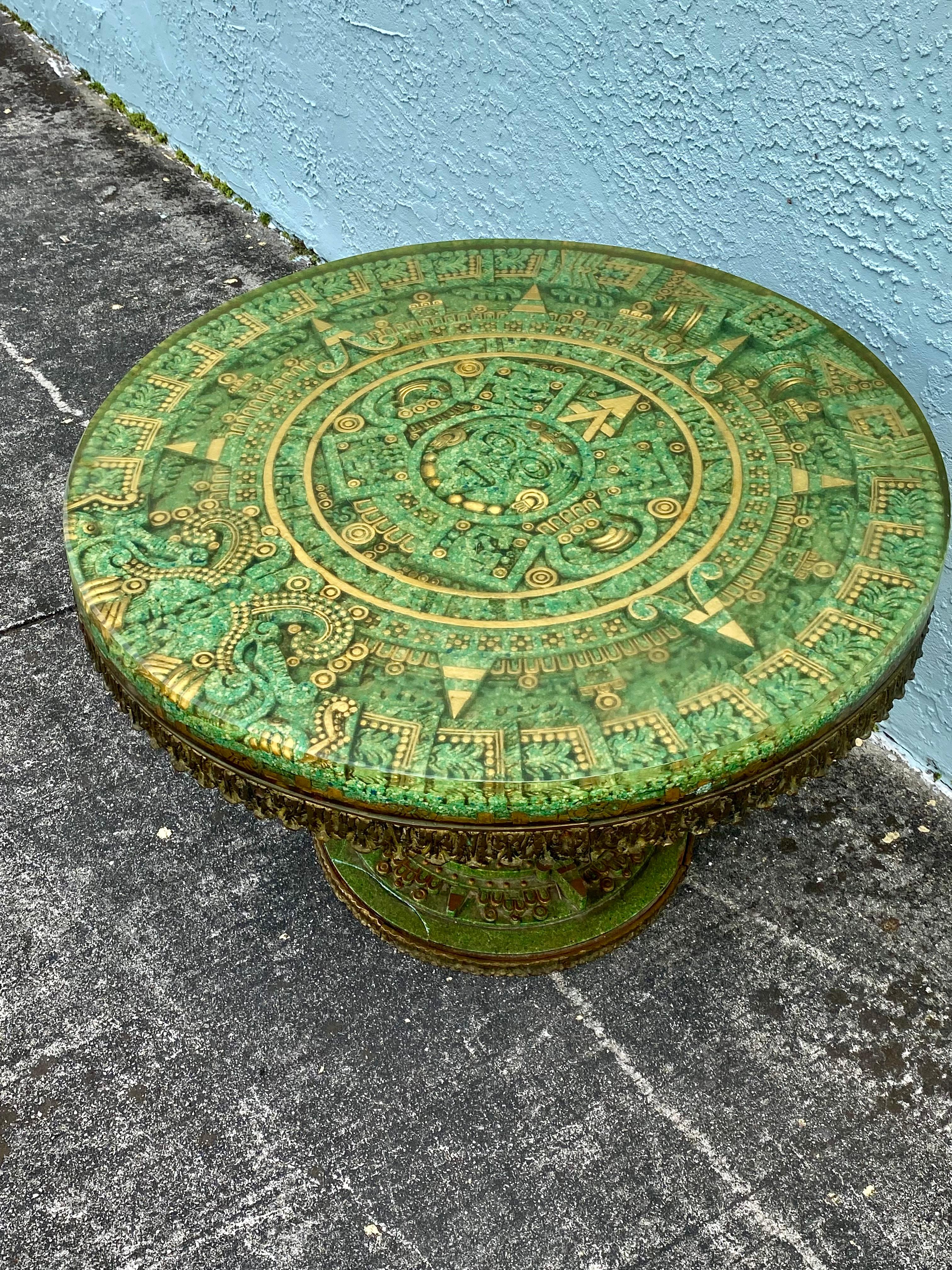 Sculpted Inlay Malachite Brutalist Bronze Wood Stone Resin Aztec Circular Table  For Sale 16